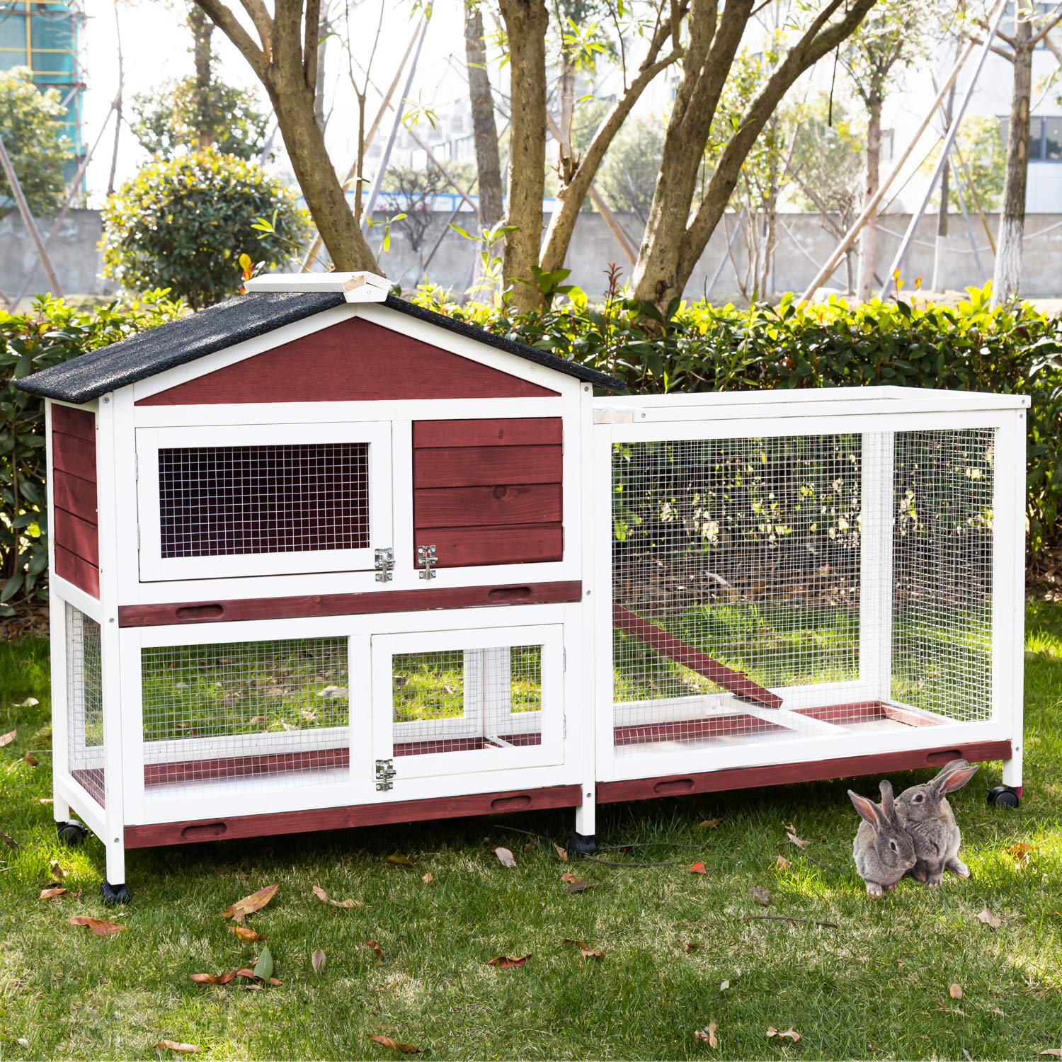 Kinbor Wooden Rabbit Hutch with Run - Outdoor & Indoor Bunny Cage for Guinea Pigs, Chickens, Small Pets - Removable Tray & Wheels - Perfect for Backyard, Garden, or Home Pet Shelter