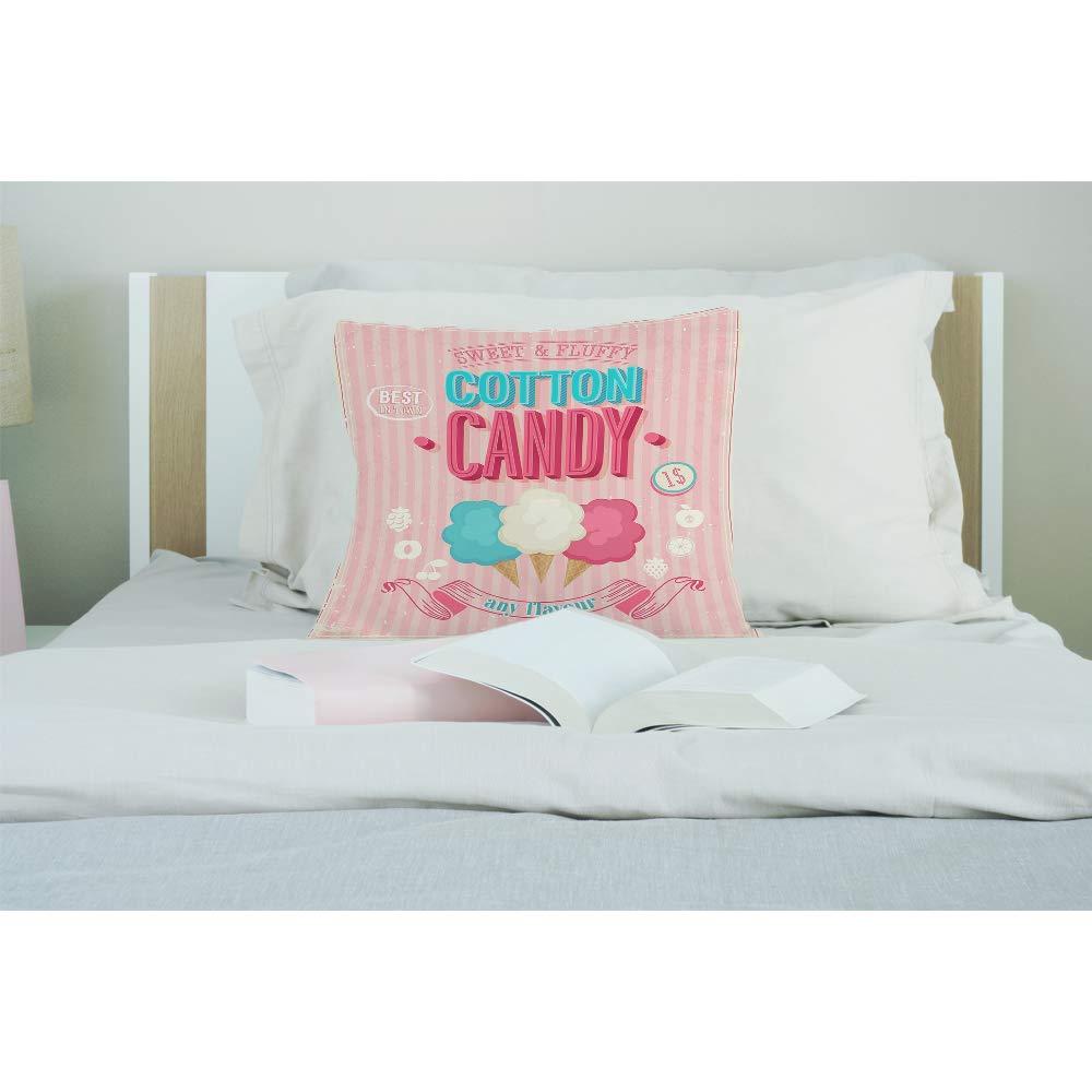 EKOBLA 18x18 Inch Cotton Candy Throw Pillow Cover - Sweet Ice Cream Design, Funny Best in Town Dessert Print, Soft Pink Cozy Square Cushion Case for Bedroom, Living Room, Sofa - Home Decor Gift for Men, Women, Boys & Girls (Cotton Linen Blend)