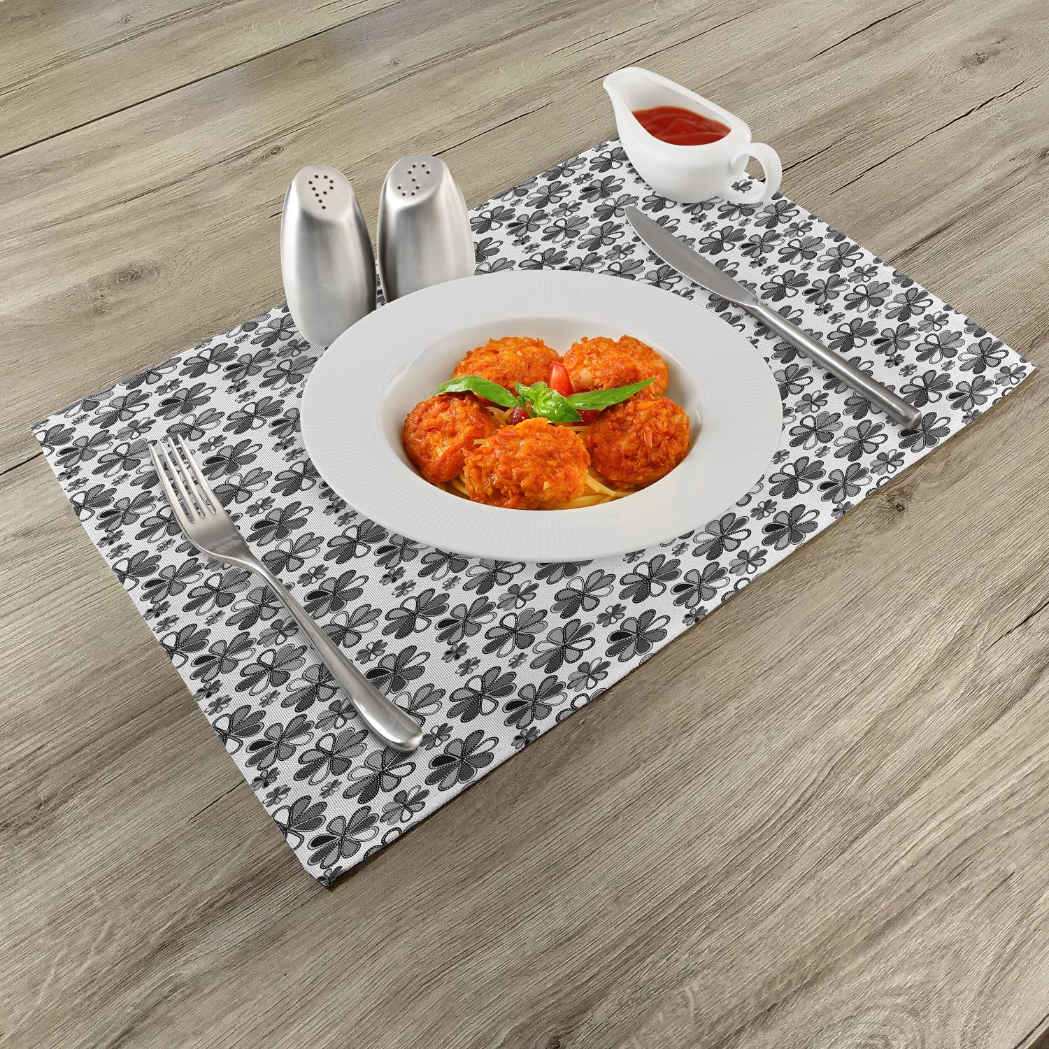 Ambesonne Floral Place Mats Set of 4 - Greyscale Retro Petals Continuous Pattern Doodle Design - Washable Fabric Placemats for Dining Room & Kitchen Table Decor - Grey, Dark Grey & Pale Taupe - Perfect for Dinner Parties, Holiday Gatherings & Everyday Elegance