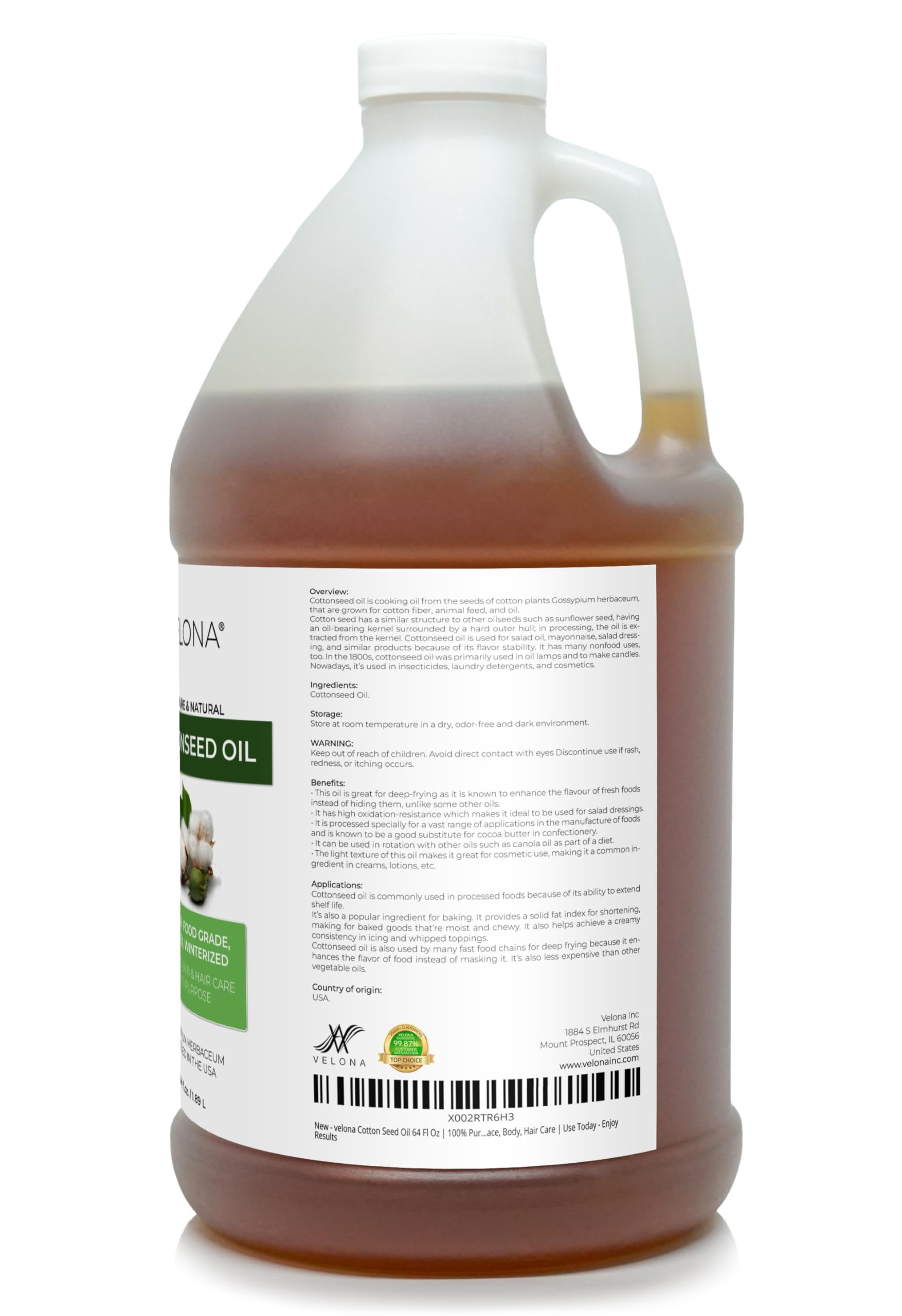 Velona 100% Pure & Natural Cotton Seed Oil 64 Fl Oz | Refined Cold-Pressed Carrier Oil for Cooking, Skin, Face, Body & Hair Care | Perfect for DIY Beauty Recipes & Healthy Cooking | Enjoy Fast Results Today