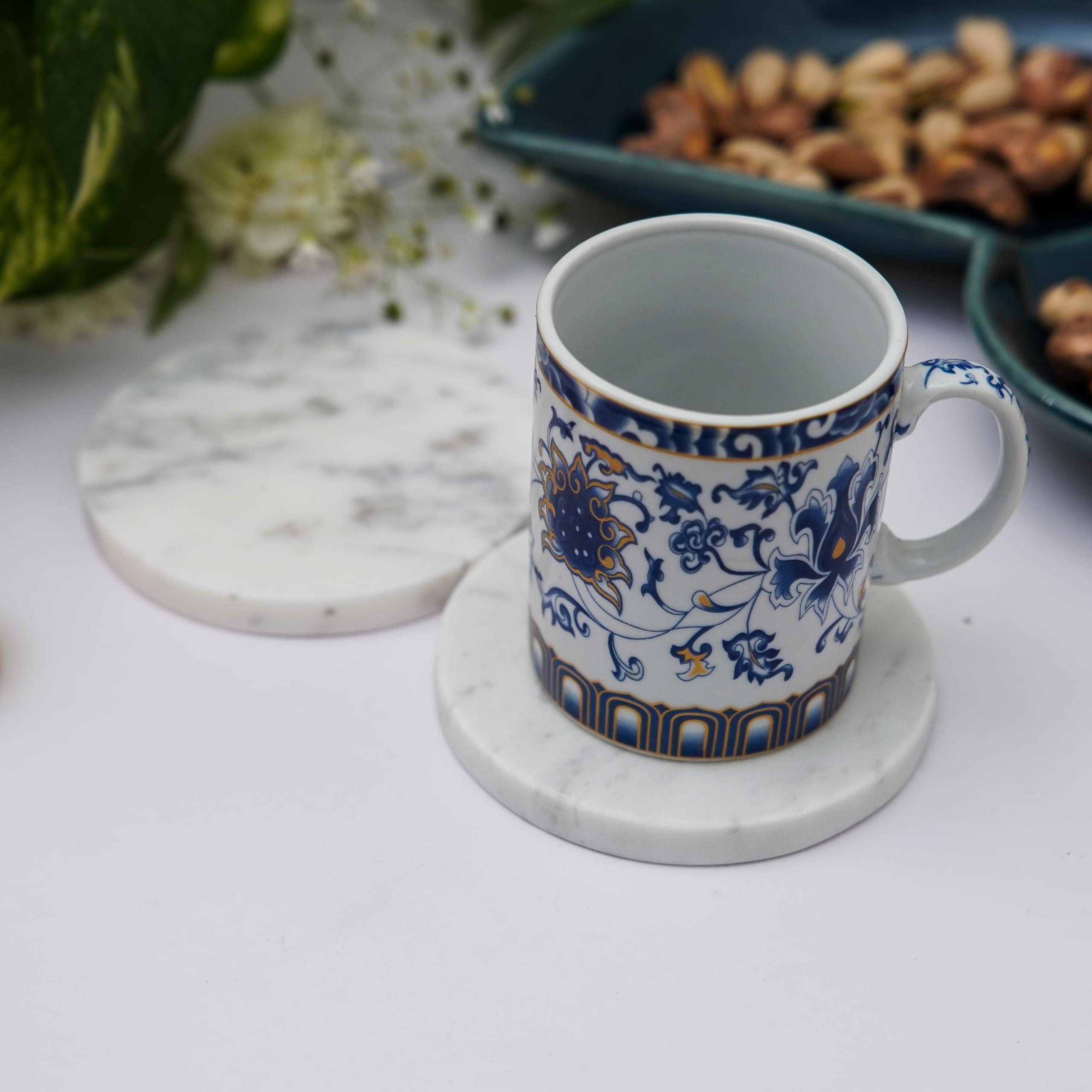 Premium White Marble Coasters Set of 2 - Handcrafted Stone Drink Coasters for Hot & Cold Beverages, Tea, Coffee & Cocktails - Elegant Home & Office Table Decor for Dining, Living Room & Bar Use