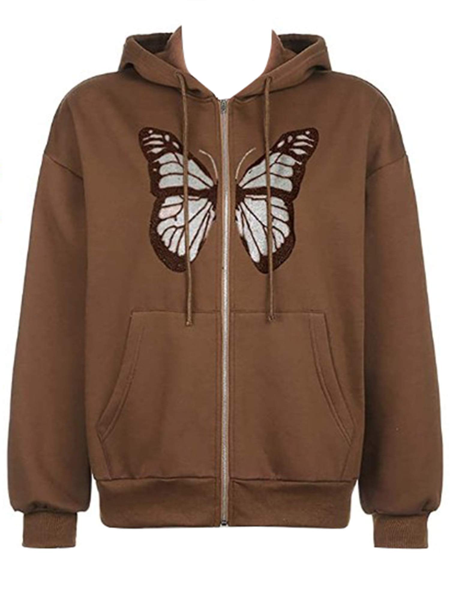 Freebily Y2K Oversized Butterfly Graphic Rhinestone Zip Up Hoodie - 90s Retro Streetwear Jacket for Women | Perfect for E-Girl Fashion, Rave Outfits & Casual Street Style