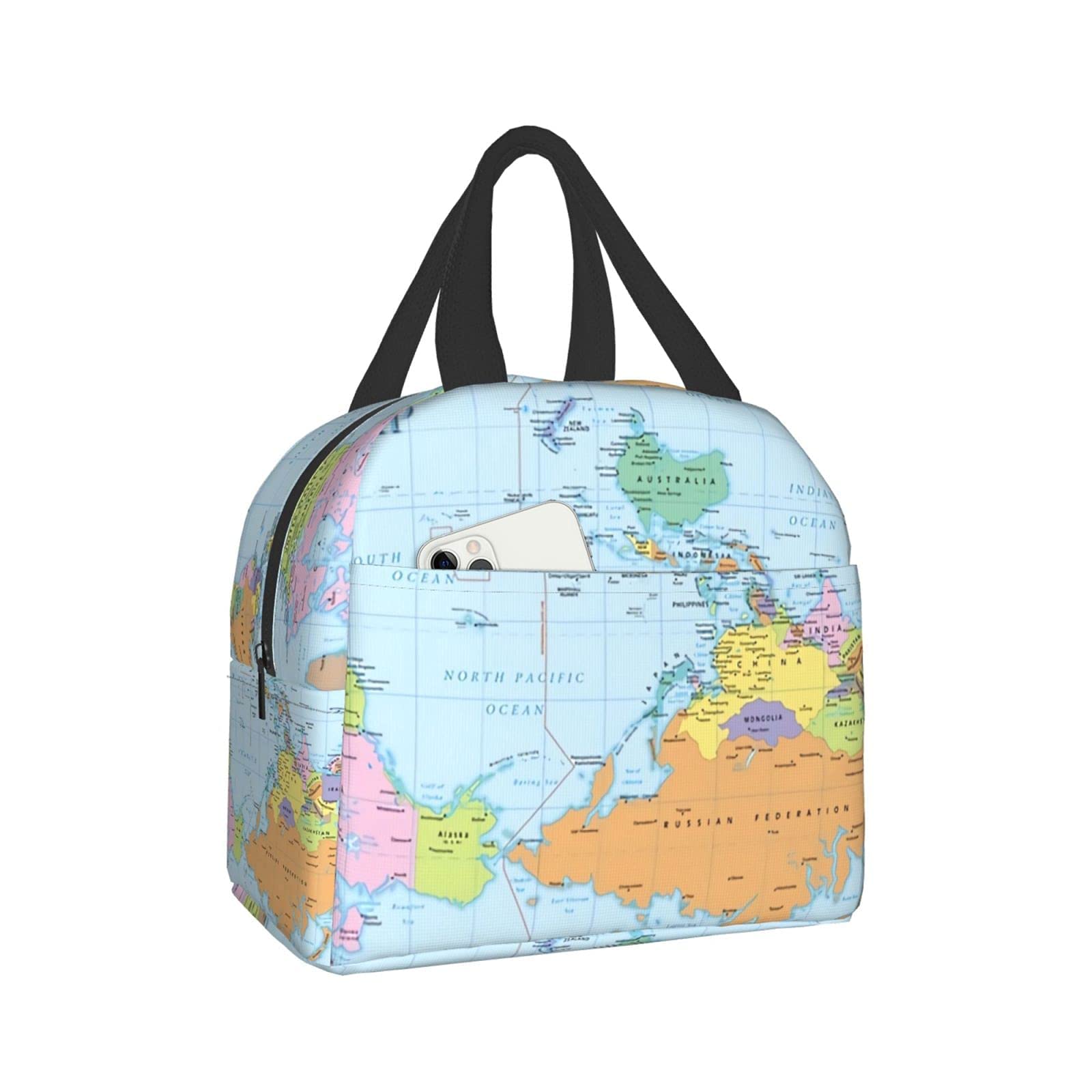 **Insulated Upside Down World Map Lunch Bag - Reusable Tote for Women & Men, Perfect for School, Work, Travel, Picnics & Outdoor Activities**    *(Use Case: Keep meals fresh on-the-go with this stylish and functional lunch tote, ideal for daily commutes, office lunches, hiking trips, and family outings.)*