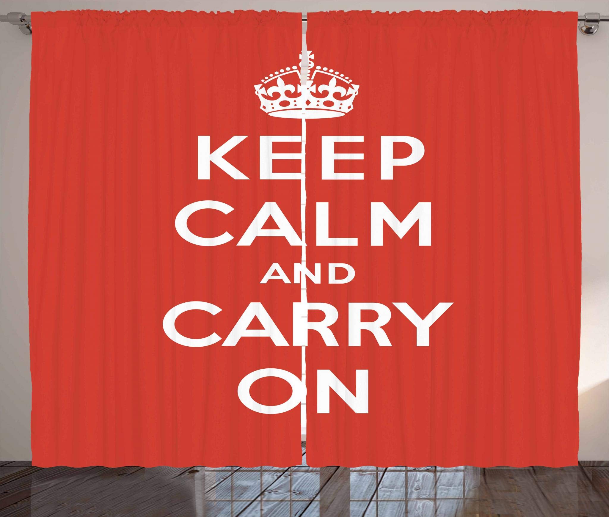 Ambesonne Keep Calm Curtains - Red & White 2 Panel Set (108x90 Inches) with Royal UK Crown Design for Living Room & Bedroom | Elegant Window Drapes for Home Decor, Blackout & Light Filtering