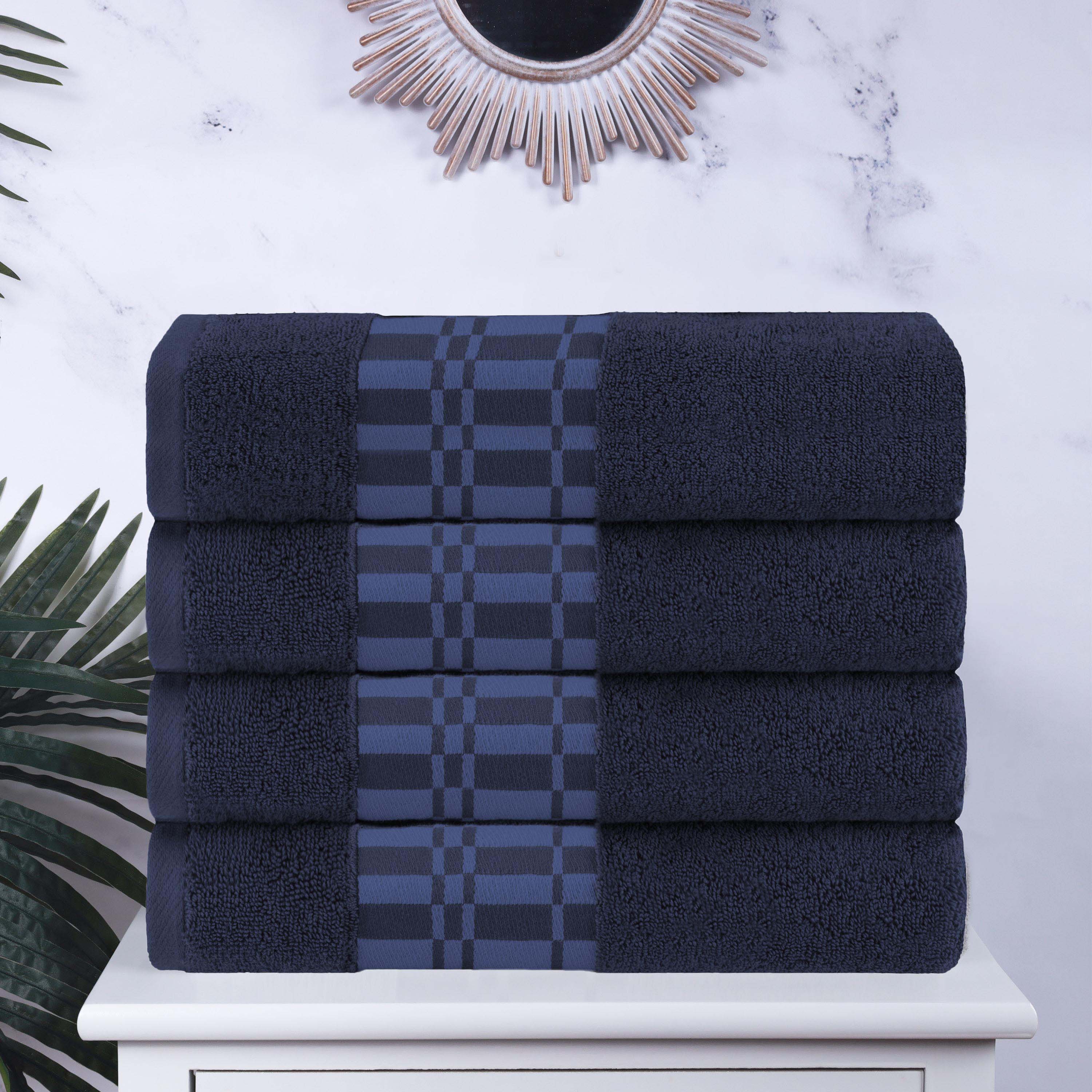 Larissa Cotton Geometric Embroidered Border Bath Towels Set of 4 - Soft Absorbent Quick-Dry Luxury Towels for Spa, Bathroom, Pool & Beach Use