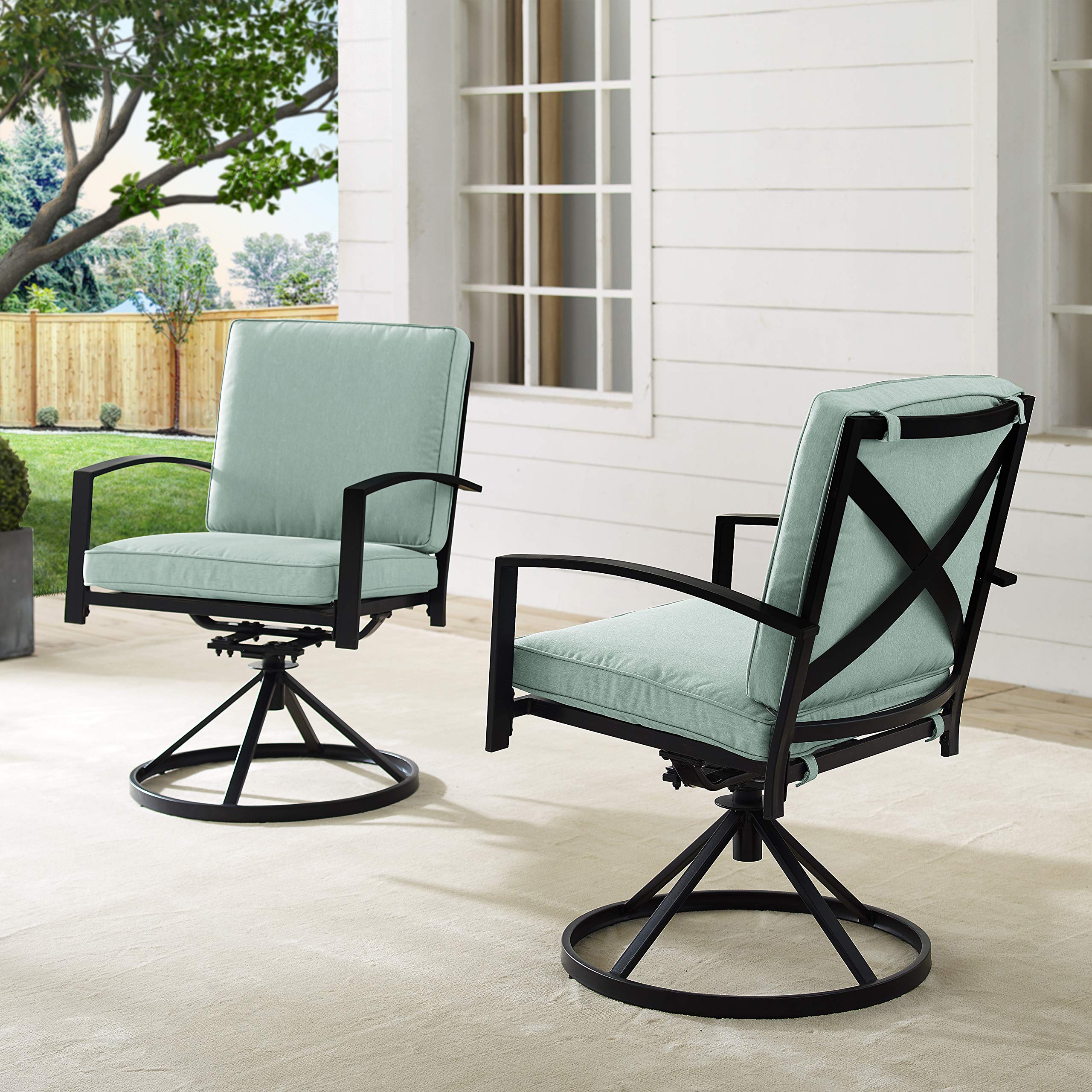 Crosley Furniture Kaplan 2-Piece Swivel Outdoor Chair Set - Oiled Bronze Patio Dining Chairs with Mist Cushions for Deck, Backyard, Garden & Poolside Relaxation