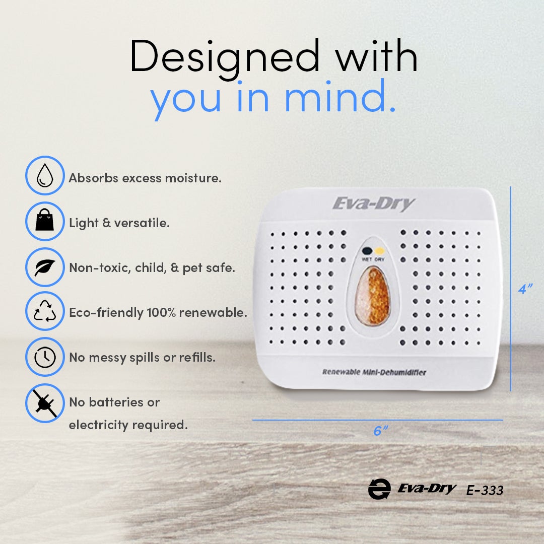 Eva Dry 333 Renewable Mini Dehumidifier - Compact Moisture Absorber for Closets, Bathrooms & Small Spaces - Ideal for Home, RV, Boat & Storage Areas