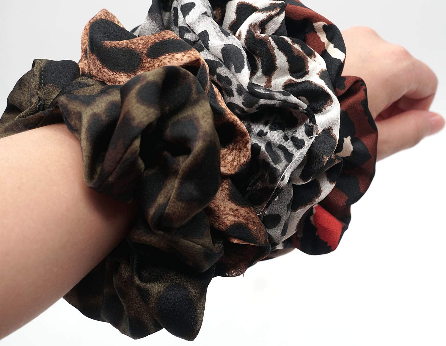 ALIBA COLLECTION 5-Pack Large Fashion Hair Scrunchies - Soft Chiffon Leopard Print Ponytail Holders, Elastic Hair Ties for Women & Girls (Multi-Design) - Perfect for Workouts, Office, Parties & Everyday Use