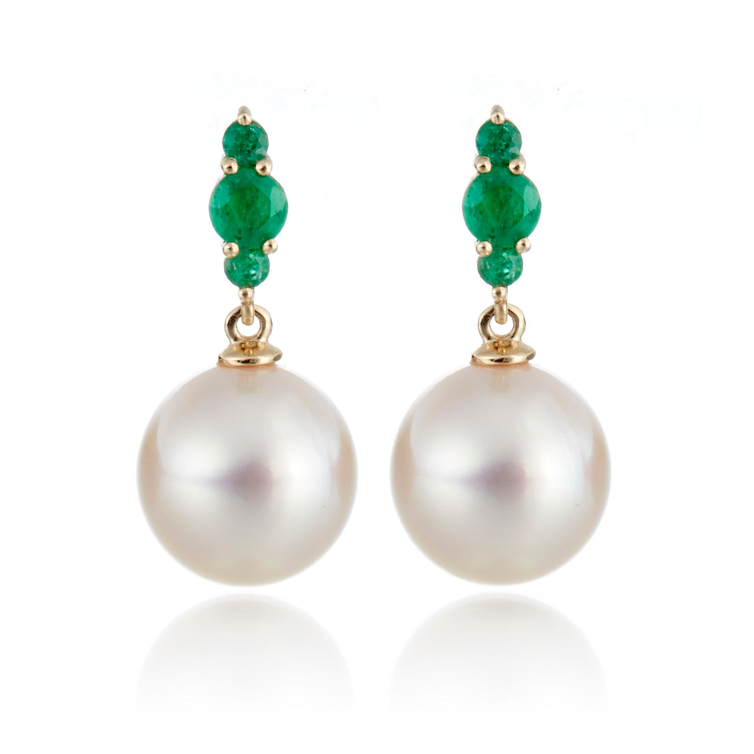 Exquisite White Akoya Pearl & Emerald Orion Earrings - Elegant Jewelry for Weddings, Parties & Special Occasions