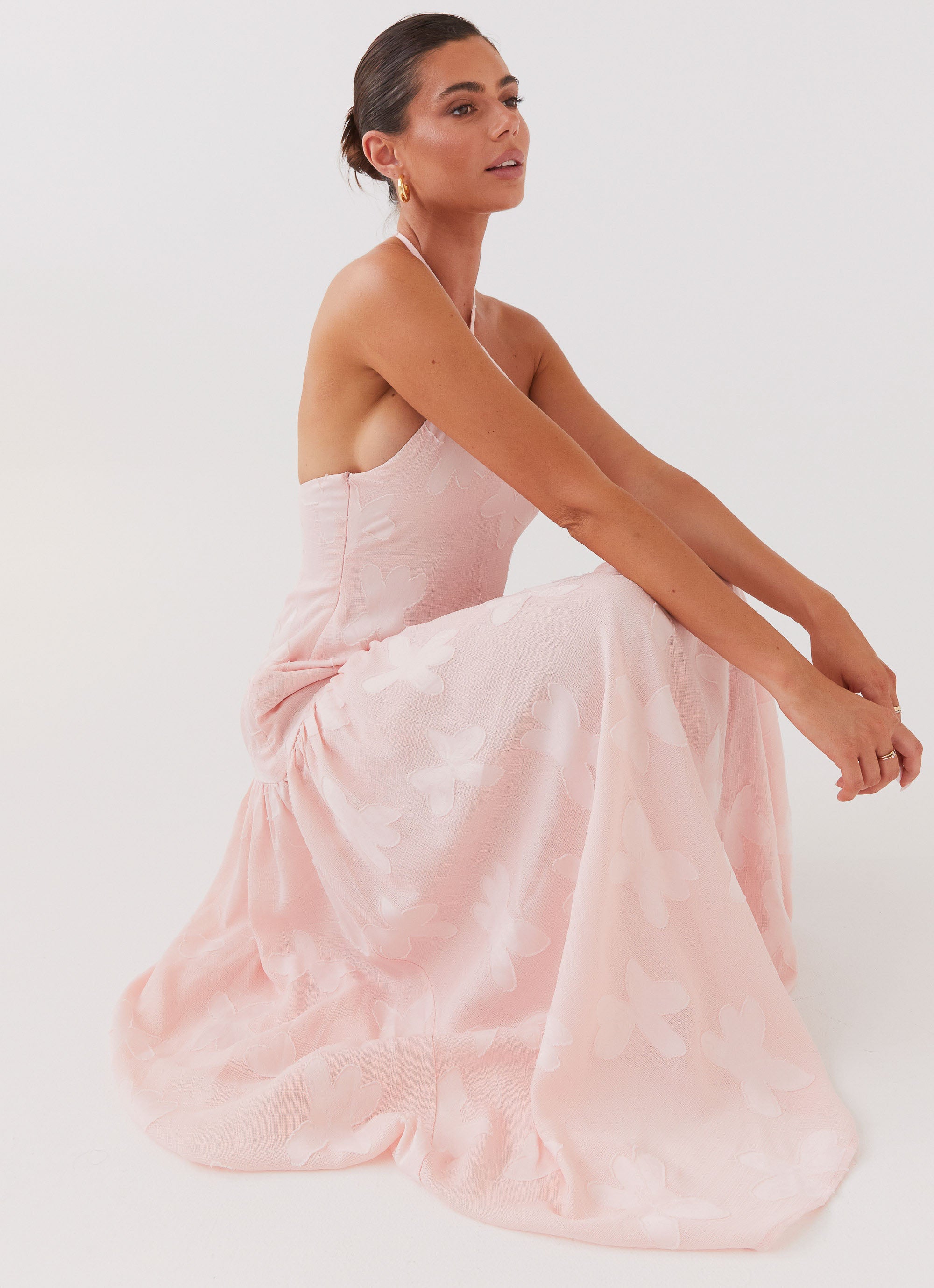 Blushed Cross Neckline Maxi Dress - Elegant Pink Petal Flowy Long Dress for Women, Perfect for Weddings, Parties & Summer Outfits