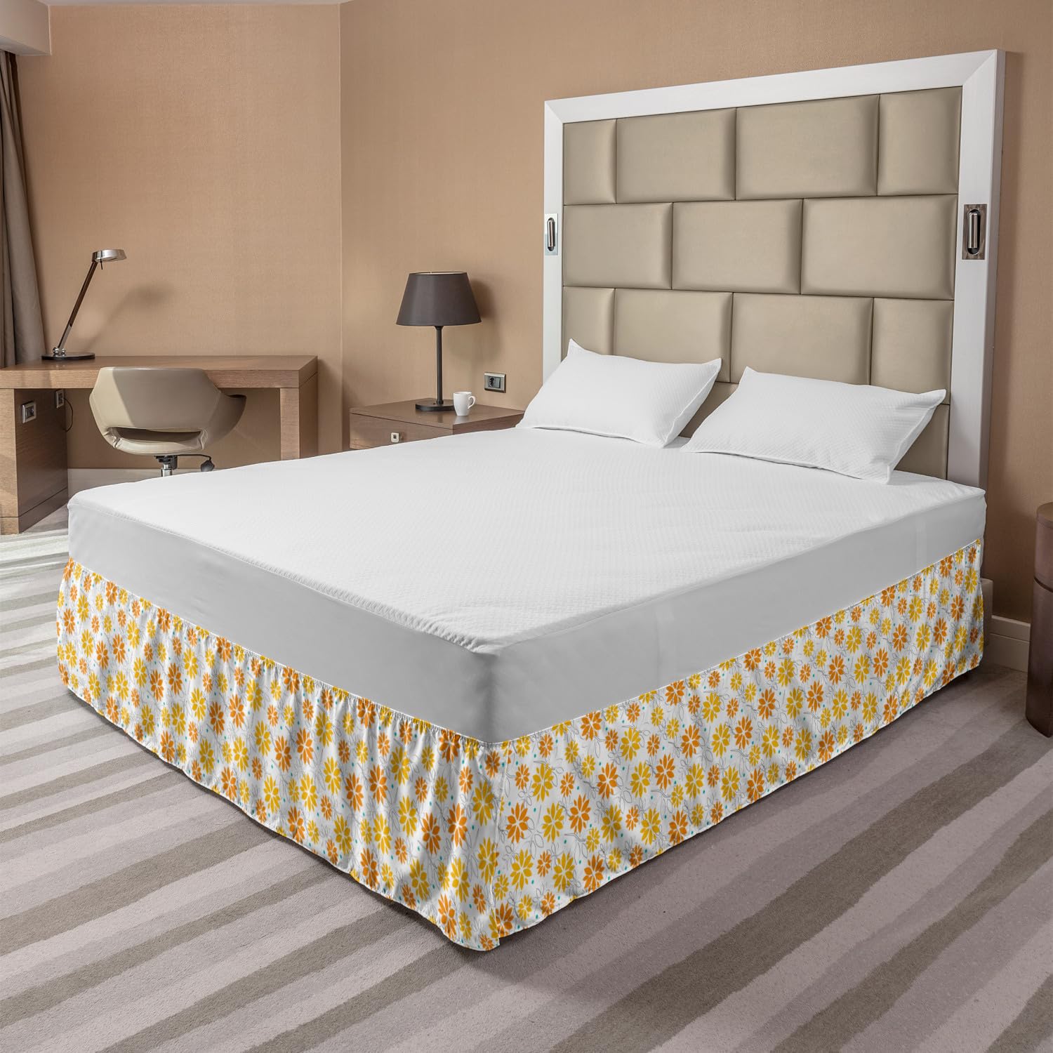 Ambesonne Floral Polka Dot Elastic Bed Skirt - King Size White & Orange Dust Ruffle Wrap for Bedding Decor - Perfect for Spring & Summer Bedroom Refresh