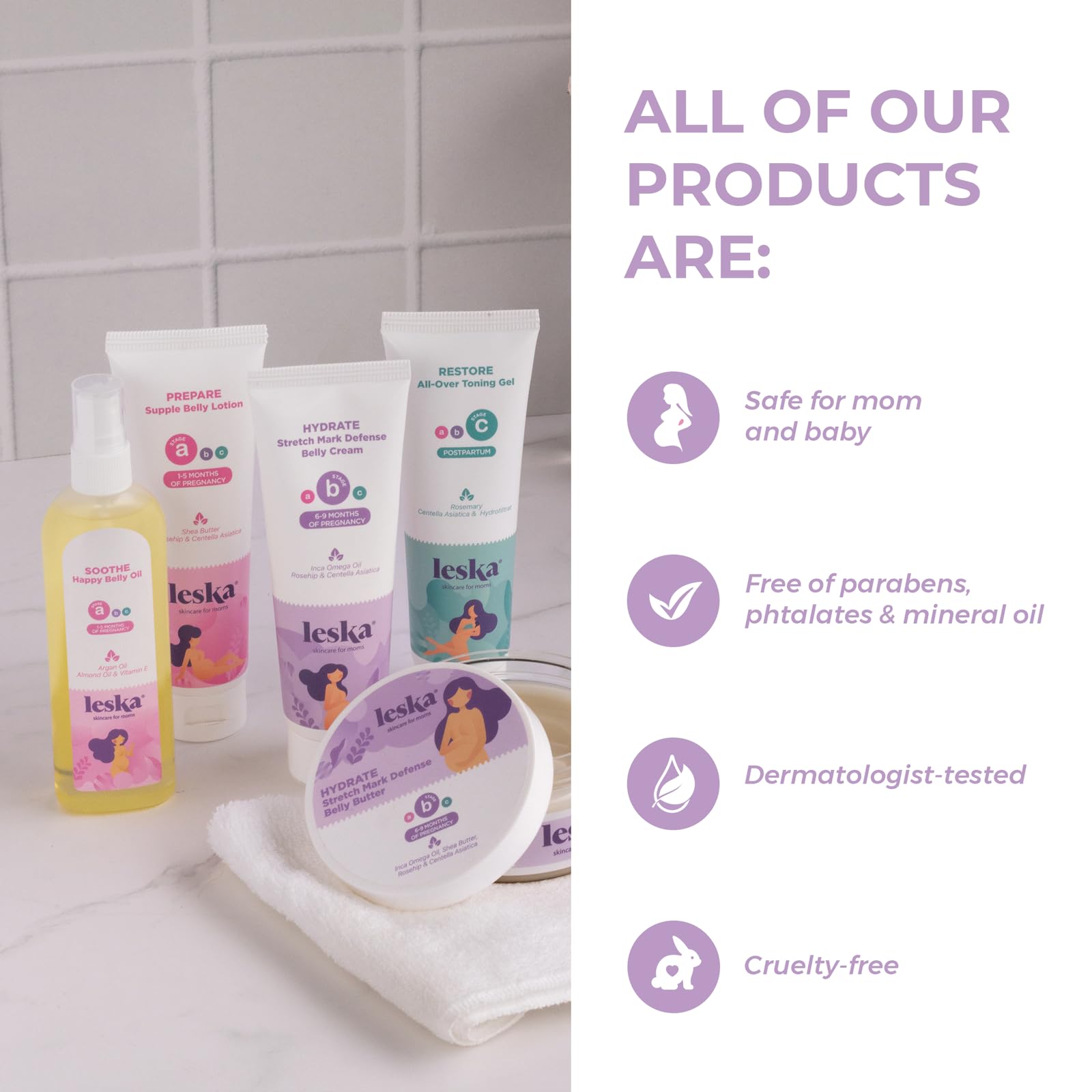 Leska Maternity Skincare Set - Stretch Mark Cream, Belly Butter & Toning Gel for Pregnancy & Postpartum Care | 3-Piece 4oz Kit for All Trimesters | Perfect New Mom Gift for Dry Skin Relief & Body Hydration | Use During Pregnancy, After Delivery & Nursing Period