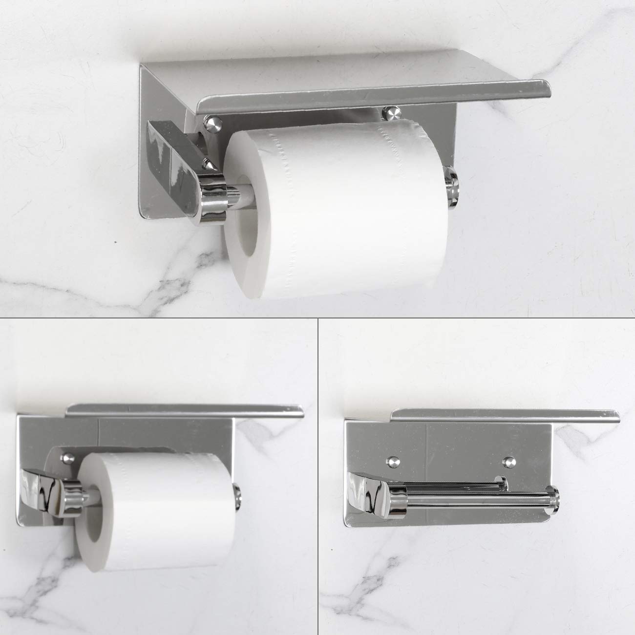 Stainless Steel Wall Mounted Toilet Paper Holder with Shelf - Dual Roll Bathroom Tissue Holder for Phone Storage | Modern Bathroom & Powder Room Organizer