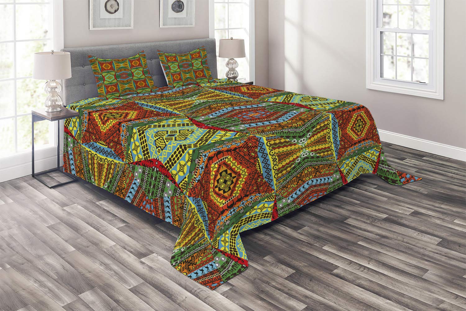 Ambesonne African Print King Size 3-Piece Quilted Bedspread Set with 2 Pillow Shams - Traditional Native Motifs Cultural Design, Multicolor | Perfect for Ethnic Home Decor, Guest Room & Bohemian Bedroom Styling