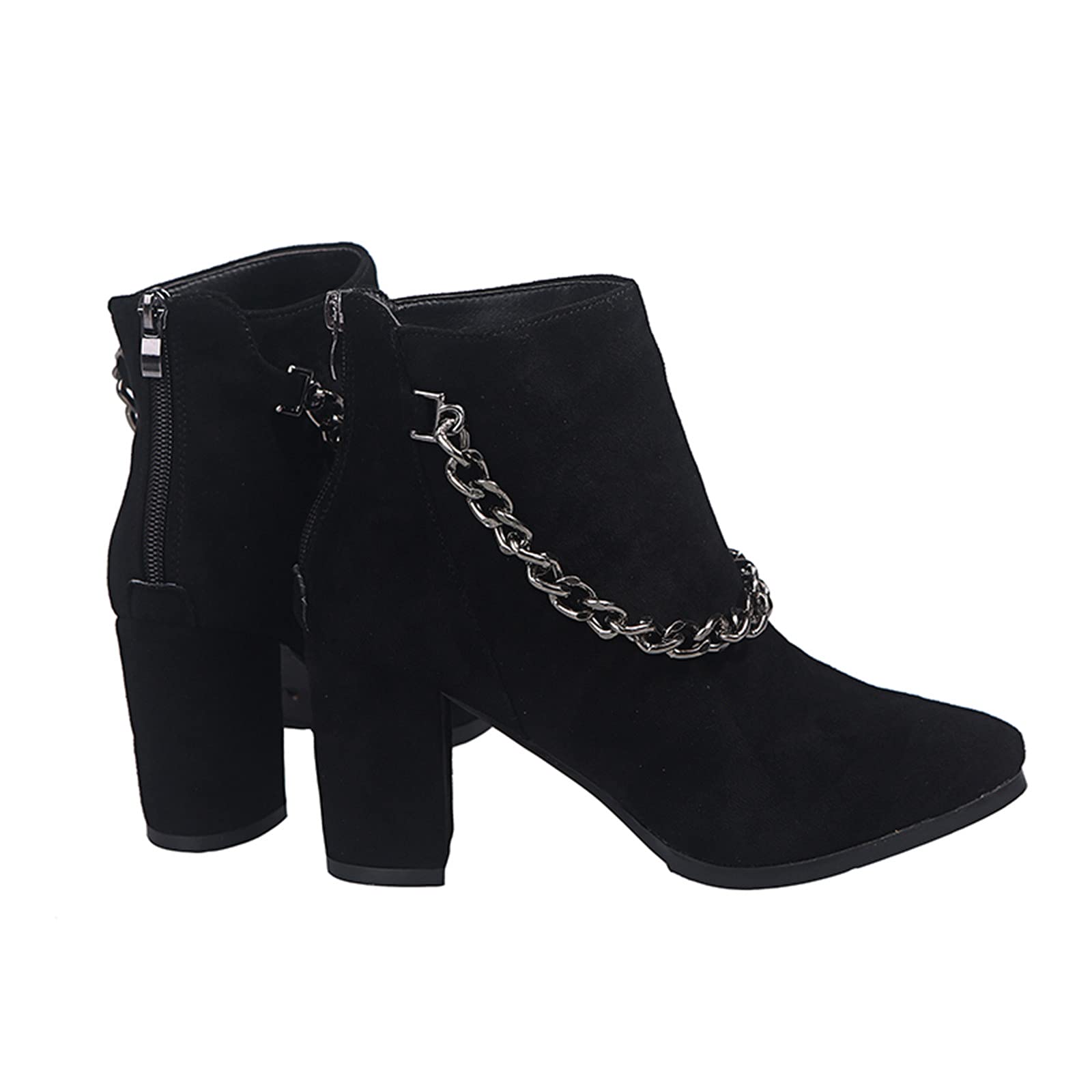 Women's Winter Ankle Boots with Chain Detail - Black Cowgirl Boots for Women, Low Heel Work Boots | Perfect for Western Fashion, Casual Outfits & Outdoor Activities
