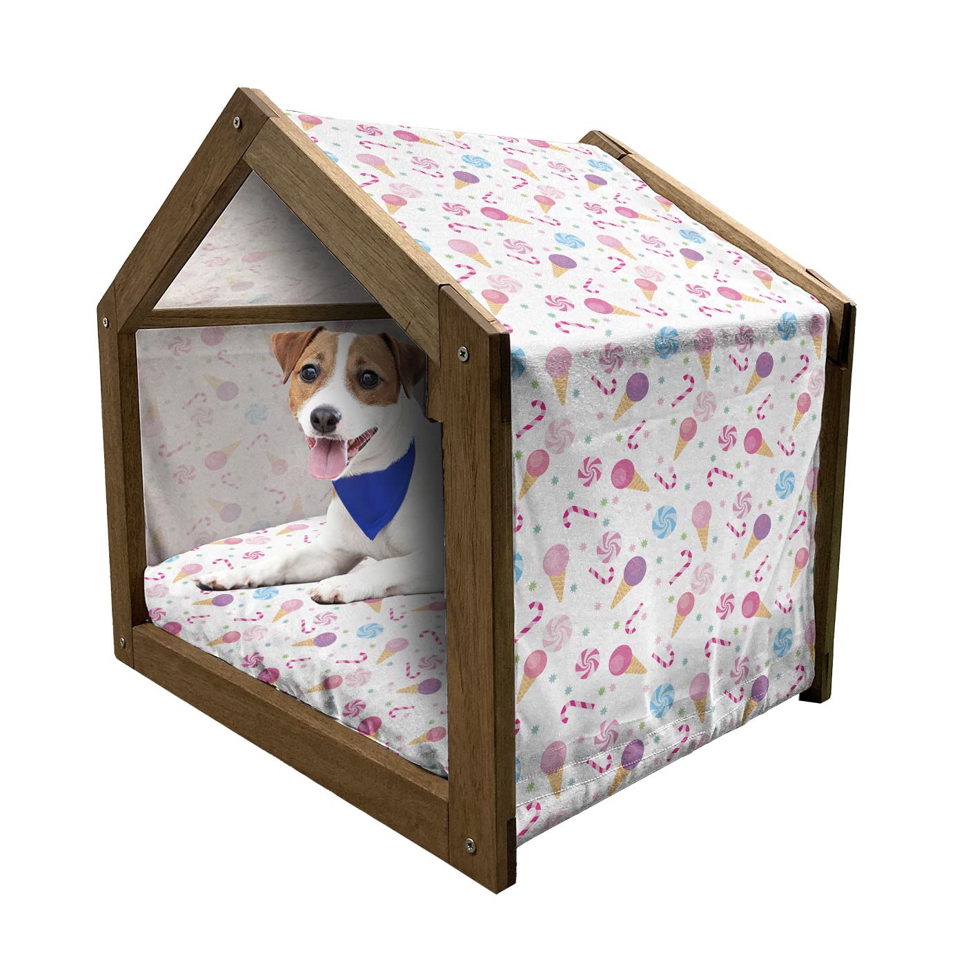 Ambesonne Wooden Pet House for Dogs - Ice Cream Cones & Candy Stars Design, Portable Indoor & Outdoor Dog Kennel with Pillow & Cover, Medium Size, Multicolor - Perfect for Home, Yard, and Travel Use