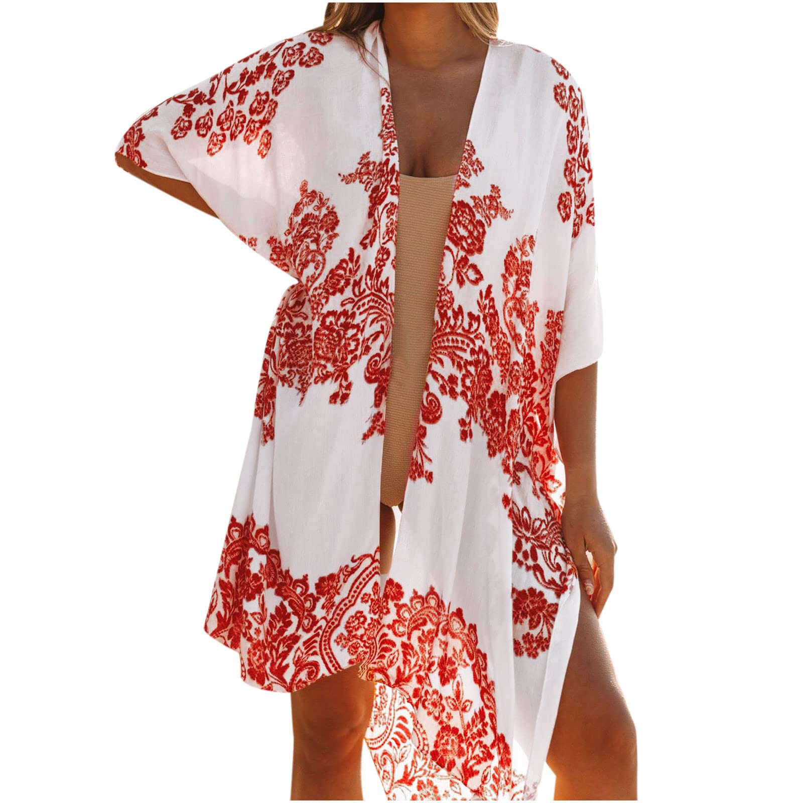 Women's Floral Printed Chiffon Kimono Cover Up - Lightweight 3/4 Sleeve Beach Swimsuit Cover Up with Front Split - Perfect for Poolside, Vacation & Summer Outfits