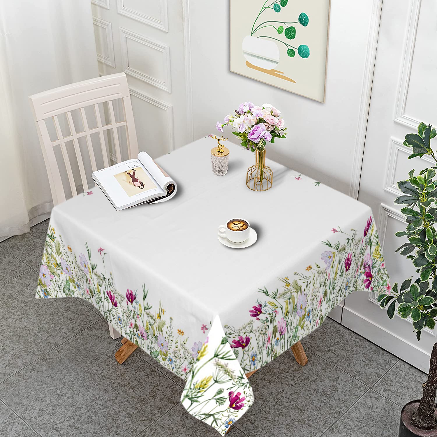 Floral Vinyl Tablecloth 54x54 Inches - Waterproof, Oil-Proof, Spillproof Square Table Cover with Spring Wildflower Design for Kitchen, Dining, Party (Indoor/Outdoor Use) - Perfect for Picnics, BBQs, and Everyday Dining