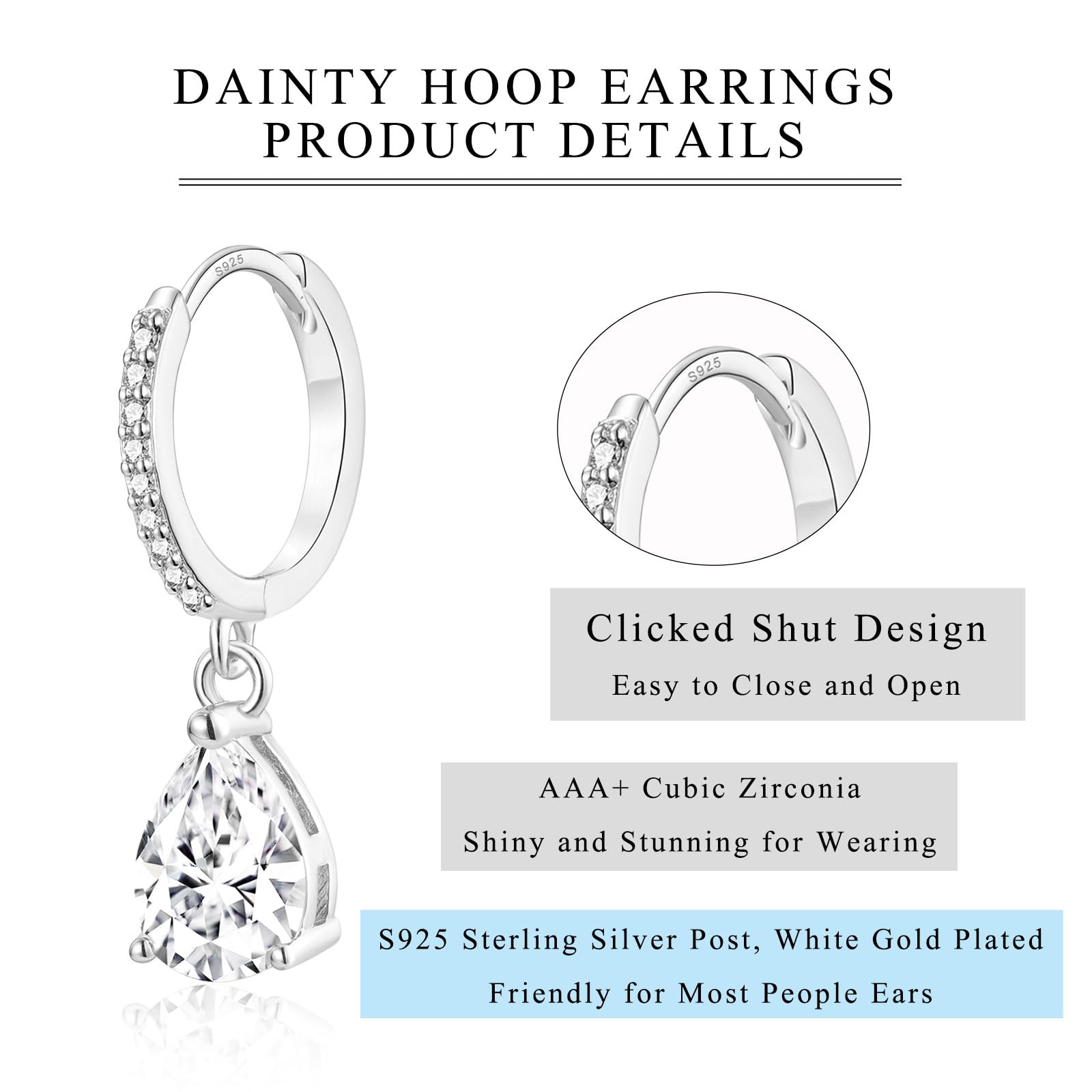 Sterling Silver Hoop Earrings for Women & Girls - 10mm Drop Hoop Earrings with Cubic Zirconia | Hypoallergenic CZ Huggie Hoops, Dangle Dangling Teardrop Earrings | Perfect for Parties, Weddings & Everyday Wear