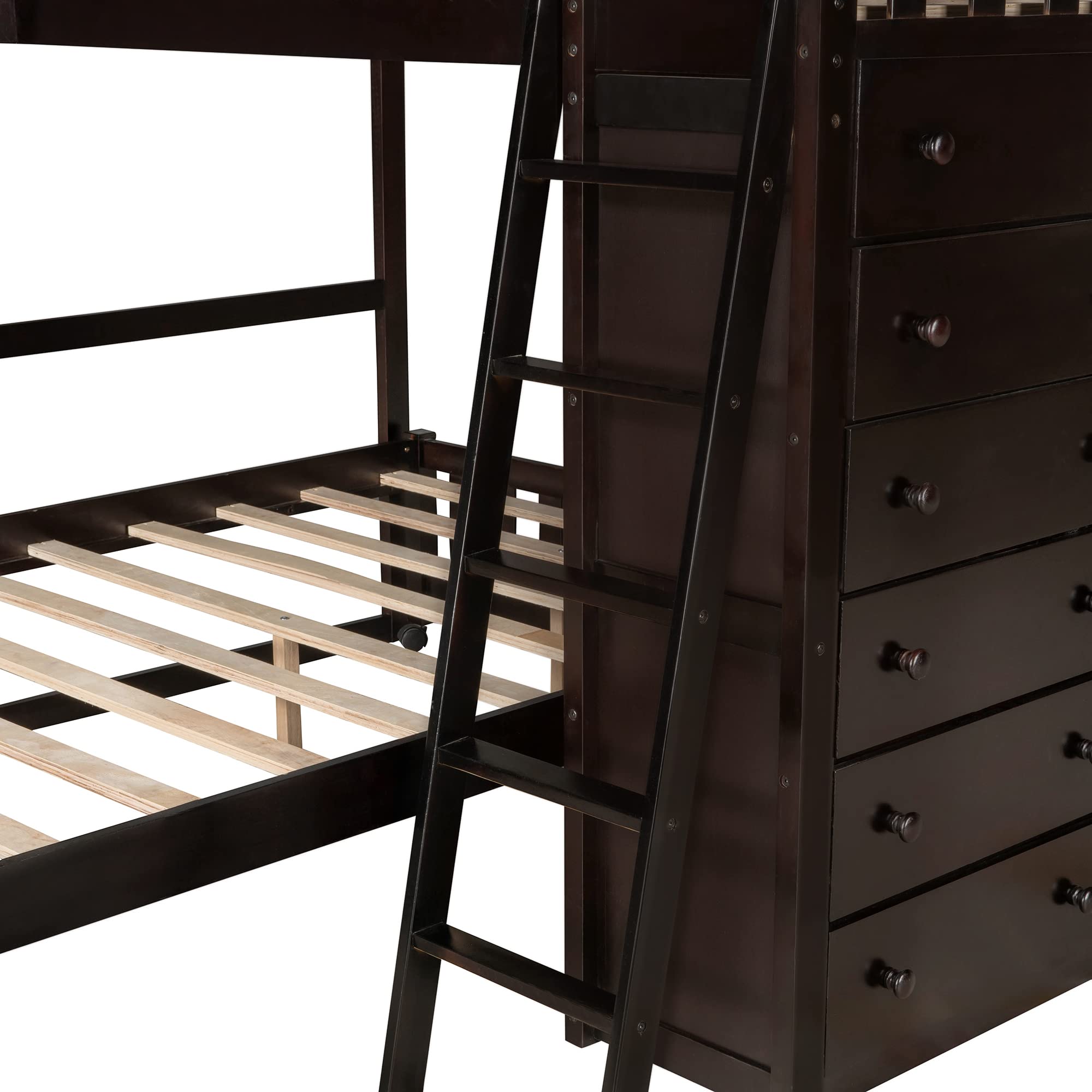 Twin Over Full Bunk Bed with 6 Drawers, Flexible Shelves & Wheels - Solid Wood Bunk Bed for Kids, Teens & Adults - Space-Saving Bedroom Solution for Small Rooms, Guest Rooms & Dormitories (Espresso Finish)