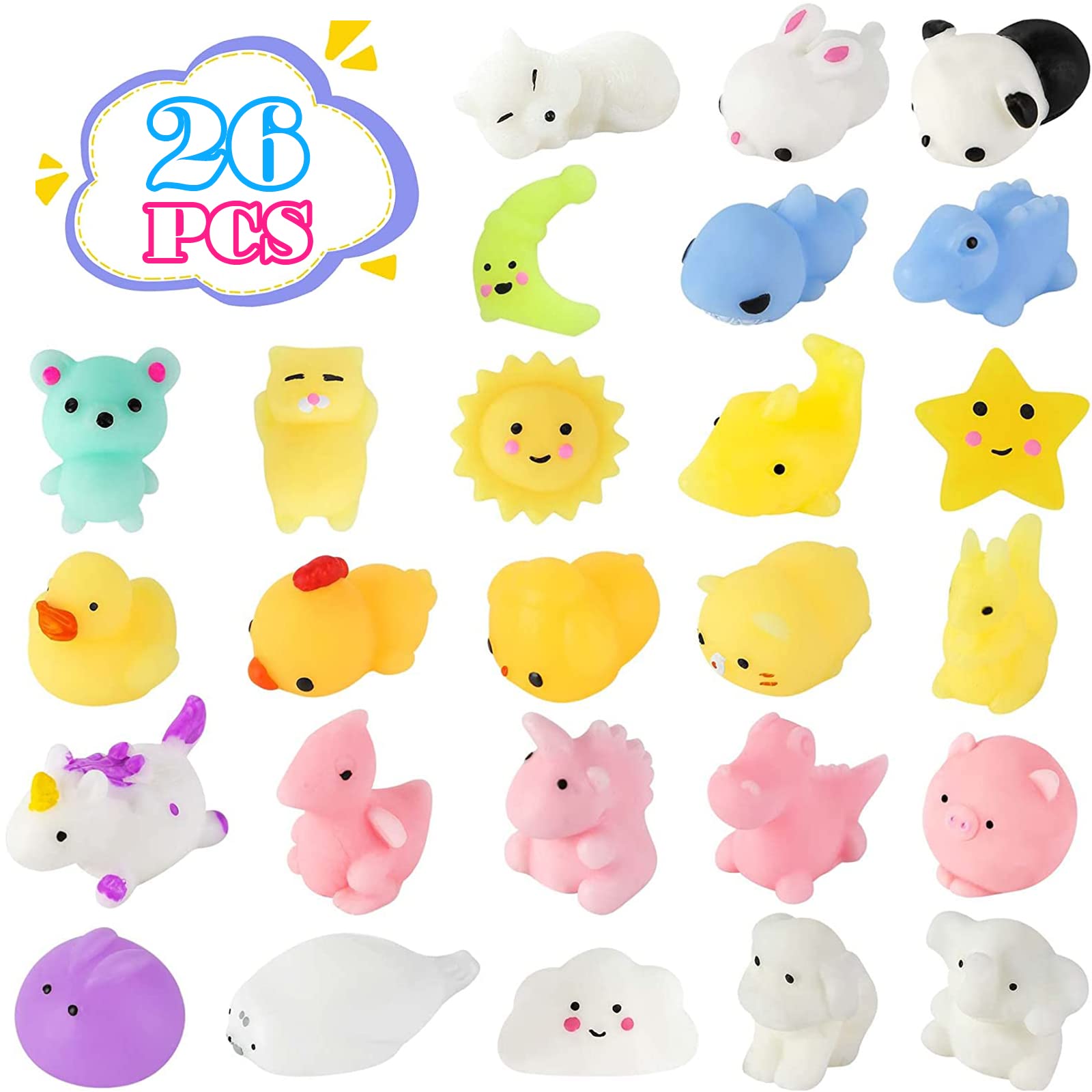 BBeipulas 26pcs Squishy Toys for Kids - Mochi Squishy Stress Relief Toys, Kawaii Party Favors, Easter Basket Stuffers with Storage Box - Perfect for Anxiety Relief, Sensory Play, and Party Giveaways