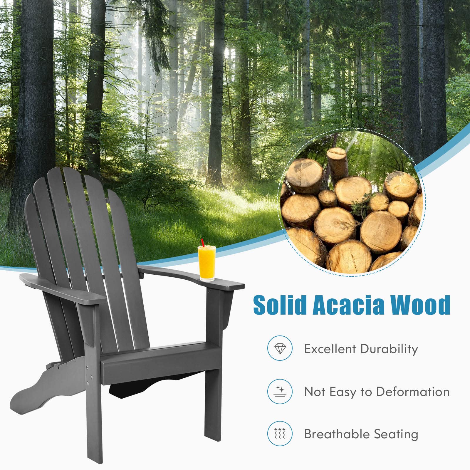 Tangkula Acacia Wood Adirondack Chair - Weather-Resistant Outdoor Lounge Chair with Slatted Seating for Patio, Garden, Poolside & Backyard Relaxation