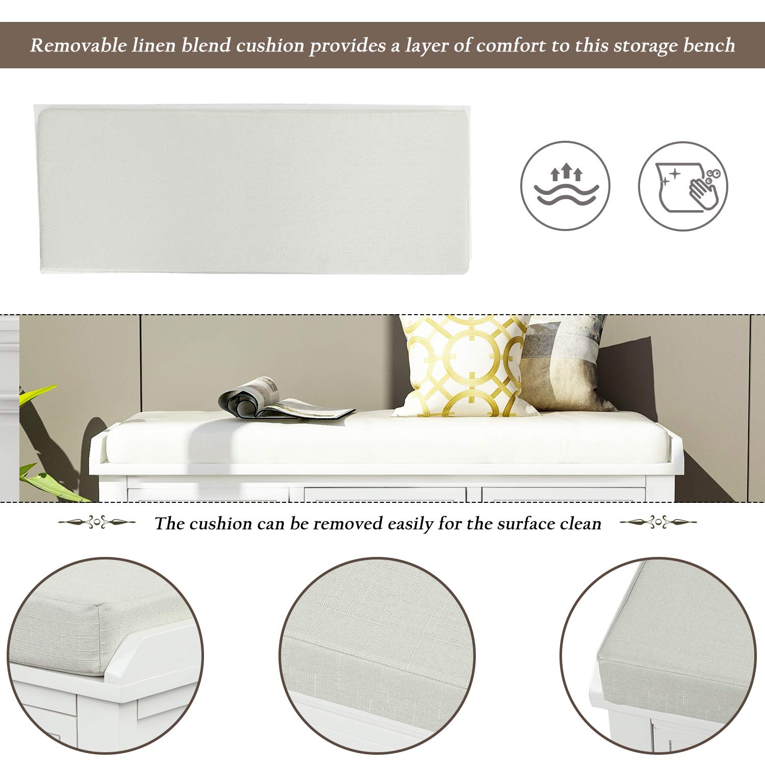P PURLOVE Fully Assembled White Wooden Storage Bench with 3 Drawers & 3 Baskets - Entryway Shoe Bench with Removable Cushion for Living Room, Hallway & Home Organization - Perfect for Small Space Storage & Entryway Seating