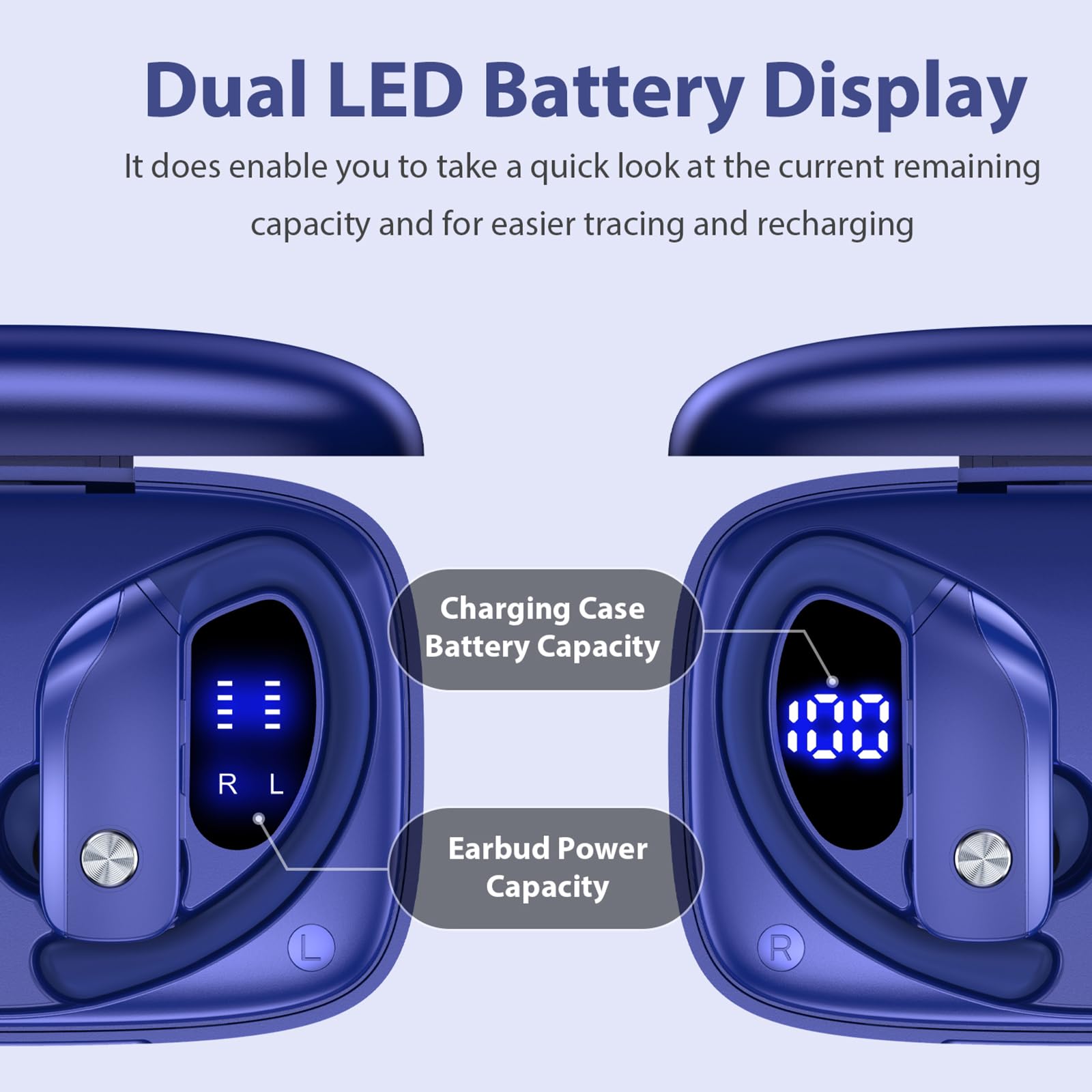 Bmanl Wireless Bluetooth Earbuds with LED Display - 48H Playtime, Built-in Mic, Secure Earhooks for Running, Gym & Workouts (Blue) | Perfect for Sports, Commuting & Outdoor Activities