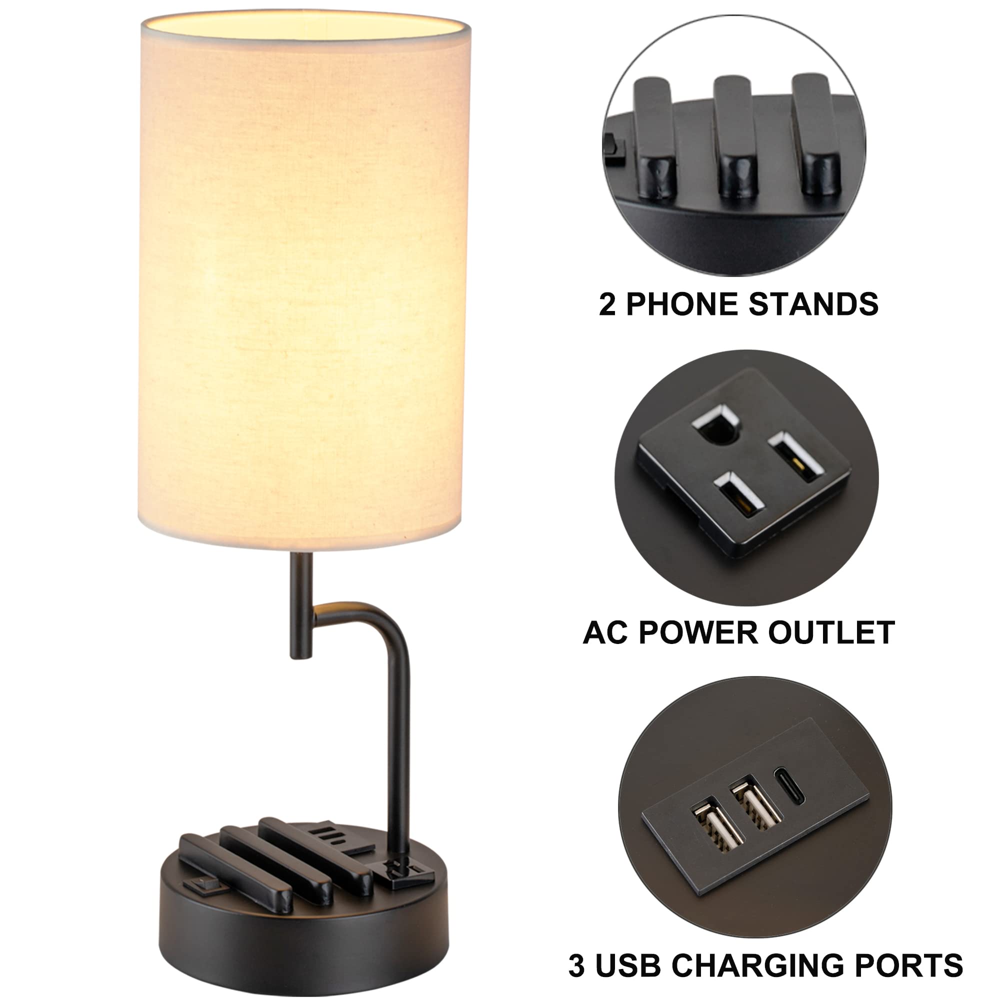 Dreamholder Table Lamp with 3 USB Ports & AC Outlet - USB Charging Desk Lamp with 2 Phone Slots, Black Base & Cream Linen Shade - Perfect for Bedroom, Living Room, Office, Nightstand - Pack of 2