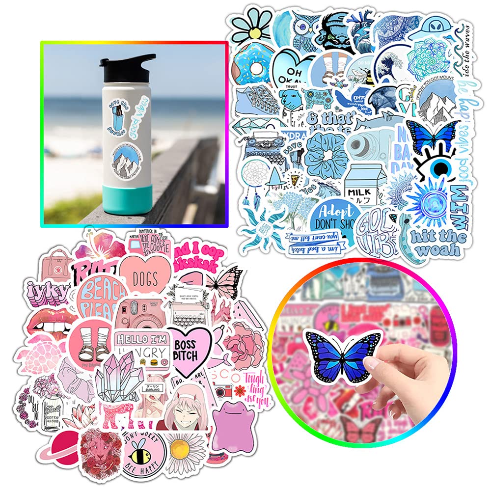 100 Pack Cute Aesthetic Vinyl Stickers for Girls - Waterproof VSCO Stickers for Laptops, Water Bottles, Journals (Blue & Pink Large Stickers) - Perfect for School Supplies, DIY Crafts & Teen Room Decor