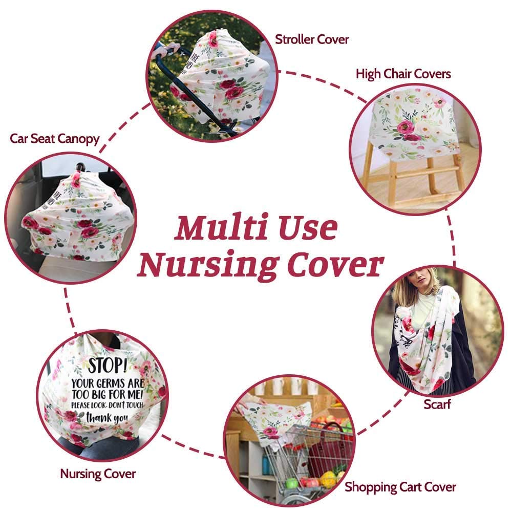 Baby Car Seat Cover & Shoulder Pads Set - Floral No Touching Sign Canopy, Stroller Seat Strap Covers for Newborn Girls & Boys - Nursing Scarf & Kids Seat Belt Protectors for Pushchair - Perfect for Travel, Shopping & Daily Outings