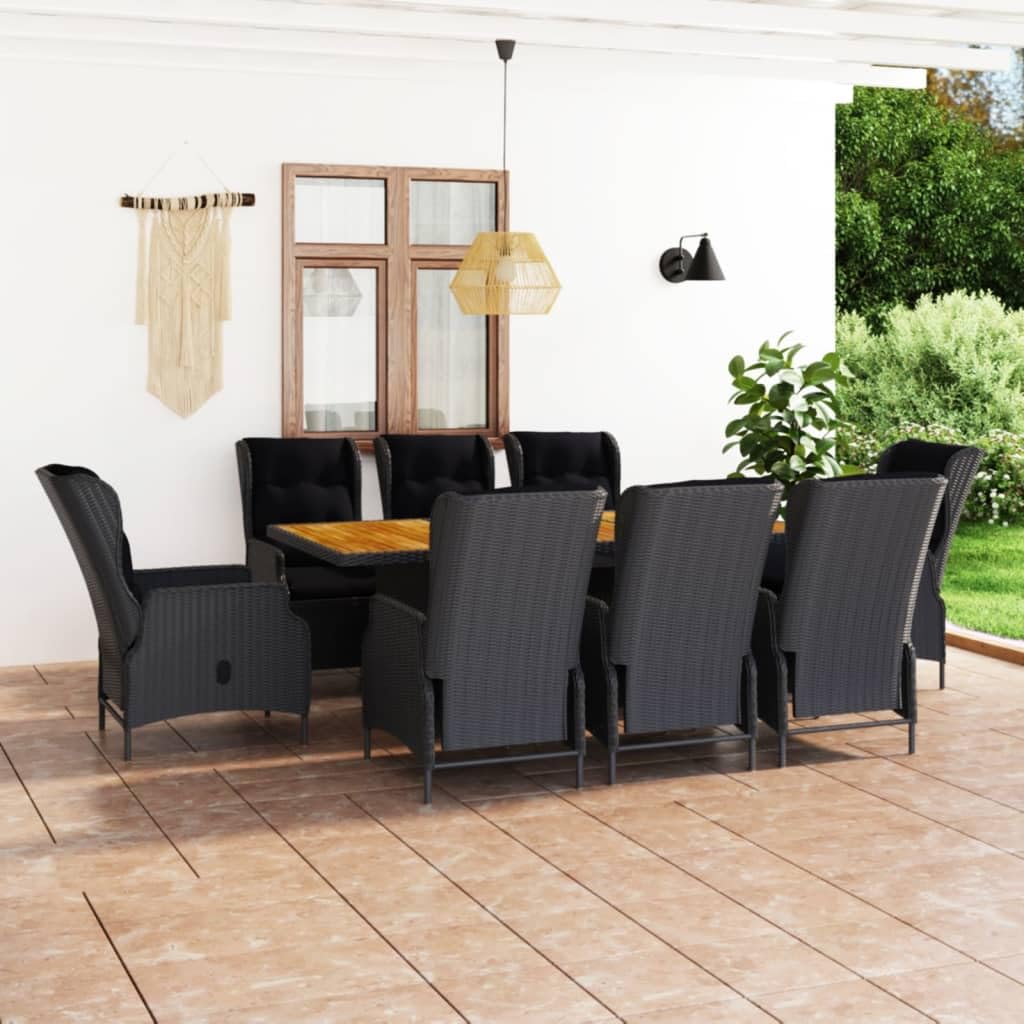 Premium 9-Piece Patio Dining Set with Adjustable Reclining Chairs - Dark Gray Poly Rattan Outdoor Furniture Set with Acacia Wood Table & Thick Cushions - Perfect for Garden, Backyard, Balcony or Poolside Relaxation