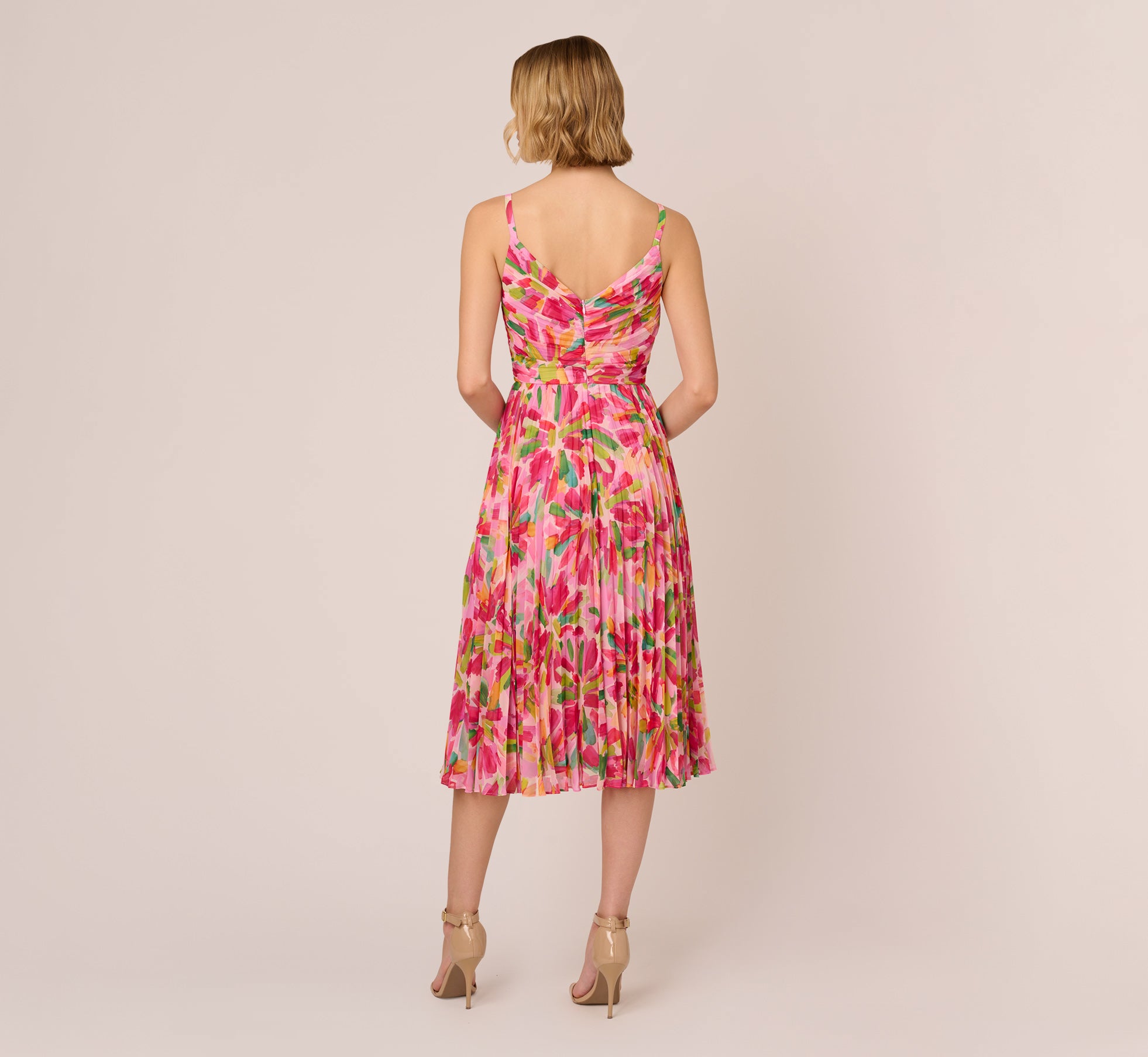 Floral Print Pleated Chiffon Midi Dress - Pink Green Multicolor Summer Dress for Women, Perfect for Beach Vacation, Garden Party & Date Night