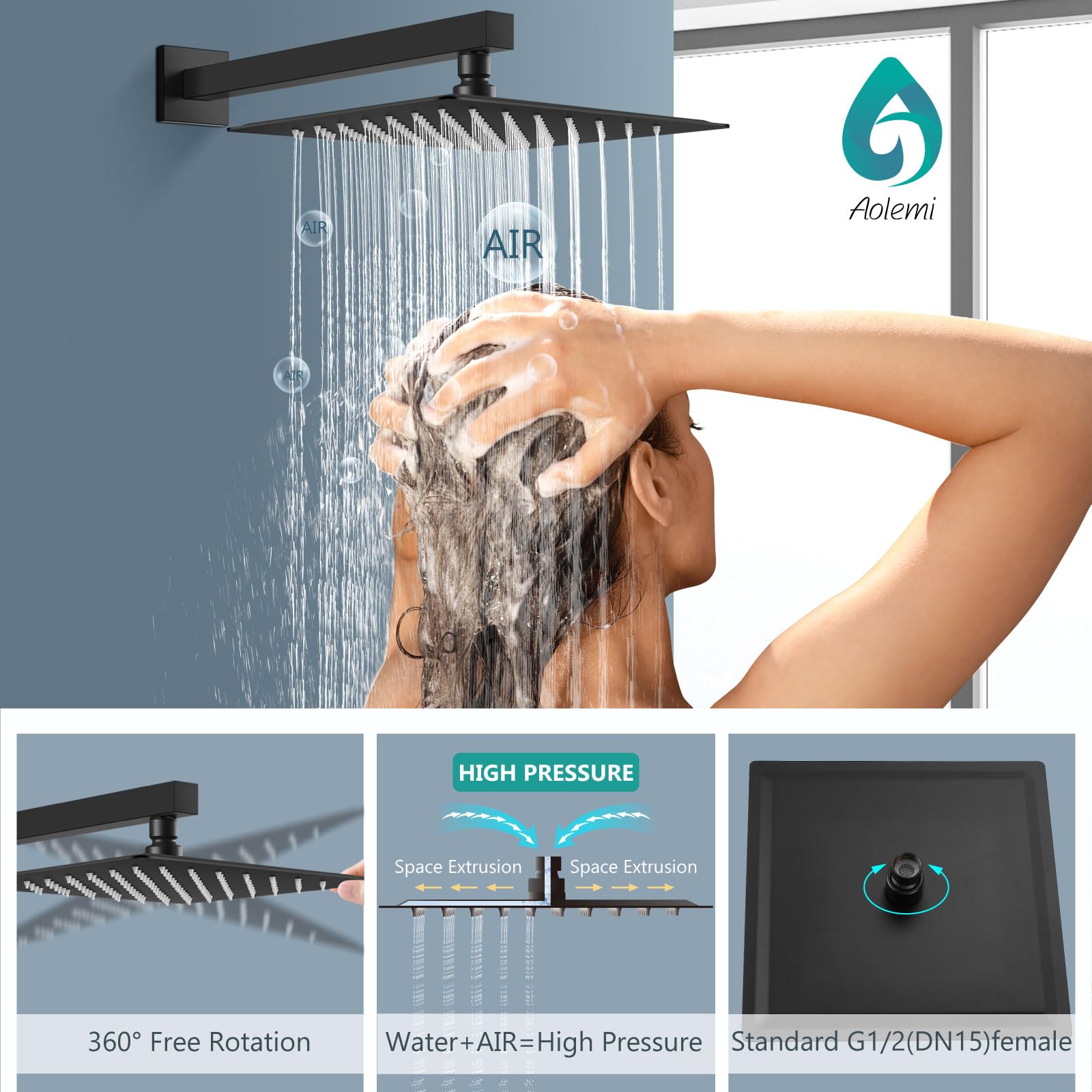 Aolemi 12 Inch Matte Black Shower System - Rainfall Shower Head & Handheld Wall Mount Combo, High Pressure Shower Faucet Set with 2-in-1 Spray Valve - Perfect for Master Bathroom, Spa-Like Shower Experience