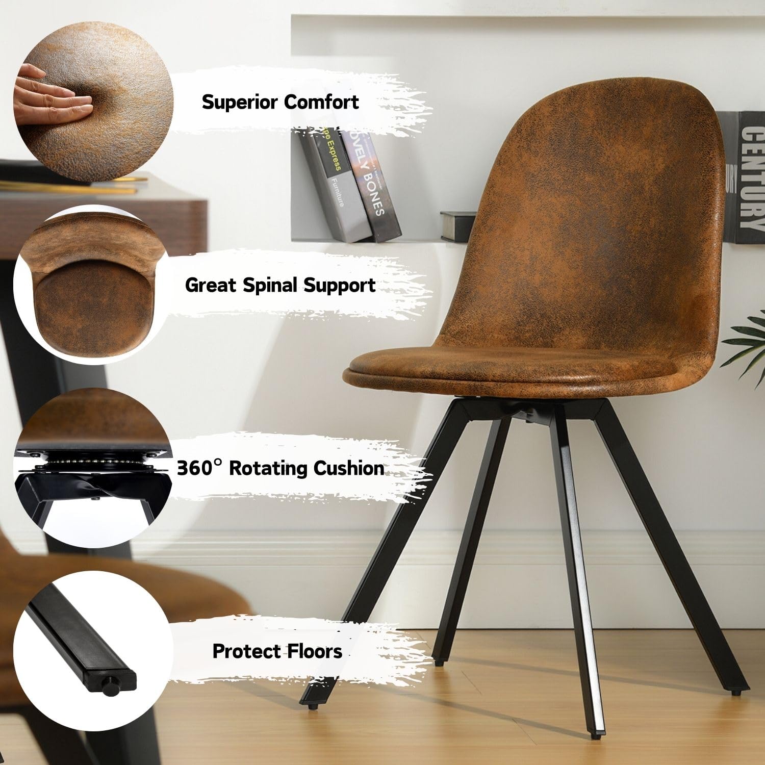 Homy Casa 360° Swivel Dining Chairs Set of 4 - Mid Century Modern Accent Chairs with Sturdy Metal Frame - Perfect for Kitchen, Dining Room, Living Room, Bedroom & Dressing Area - Brown Velvet Upholstery for Elegant Home Decor