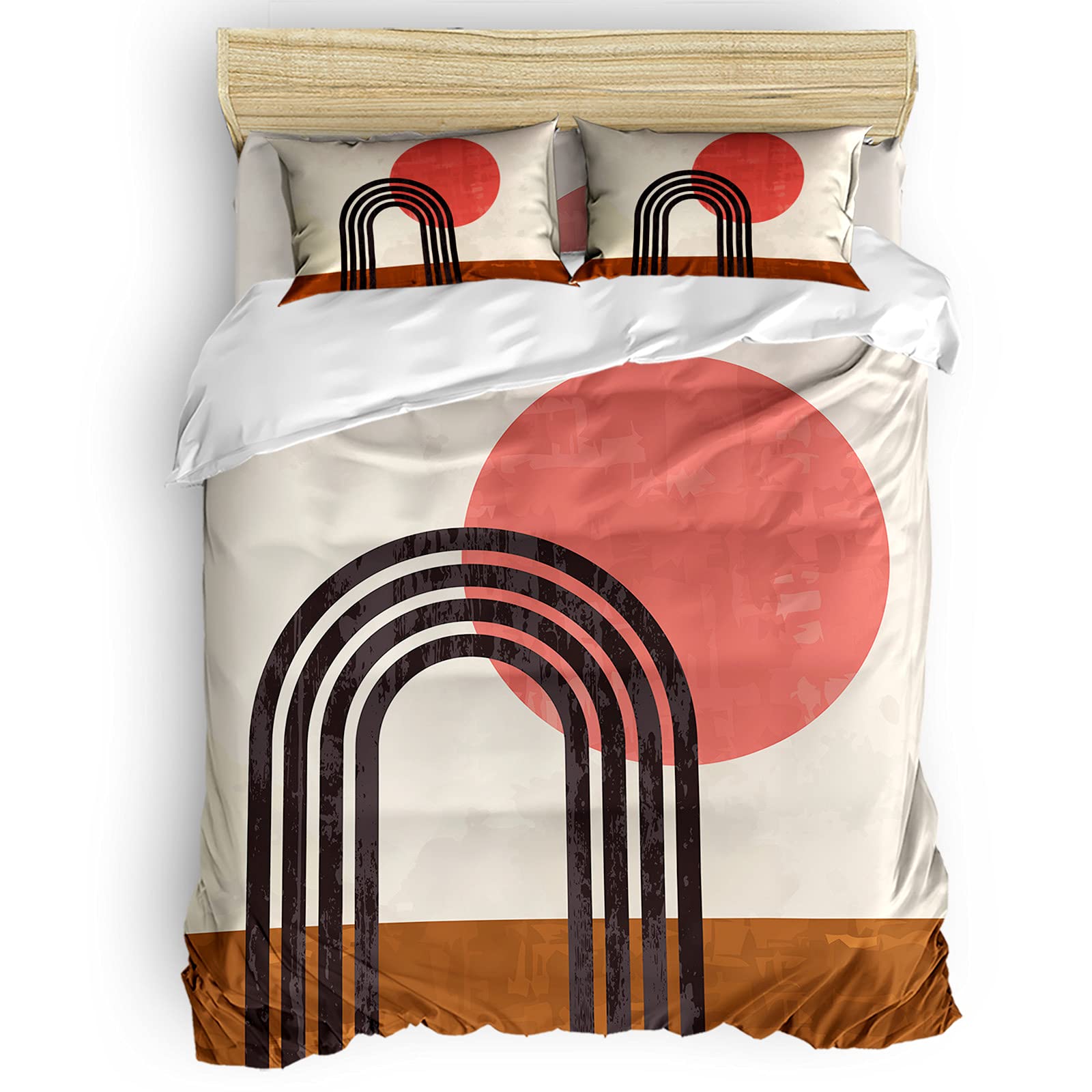 Cal King Duvet Cover Set 4-Piece - Abstract Red Sun Geometric Design, Lightweight Microfiber Bedding for Adults & Teens | Mid-Century Modern Style for Master Bedroom & Guest Room