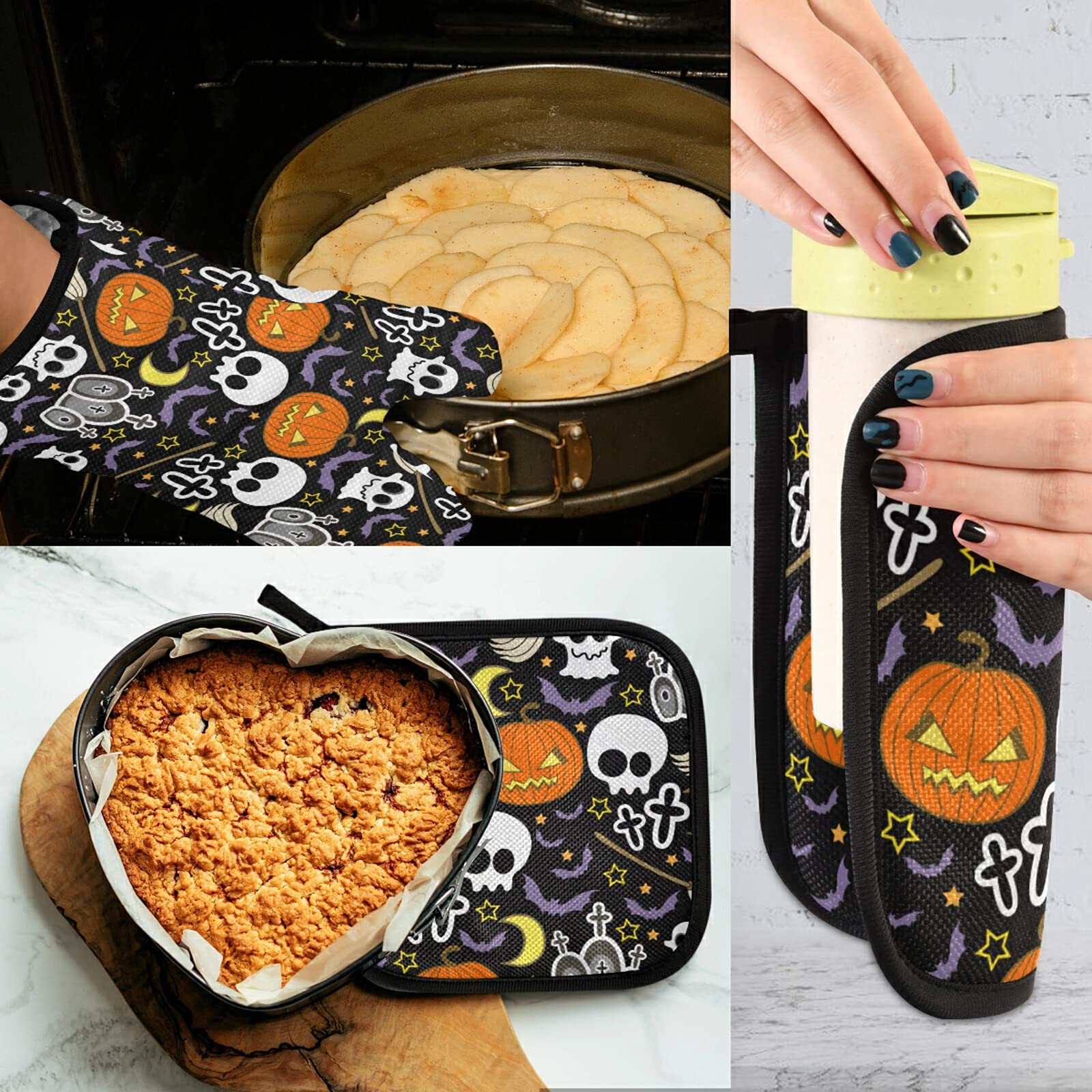 Aflyko Halloween Oven Mitts & Pot Holder Set - Jack-O-Lantern, Cute Ghost, Skull & Moon Designs - Heat Resistant Kitchen Gloves for Baking, BBQ, Grilling - Perfect for Day of The Dead Decor, Halloween Party & Holiday Gifts