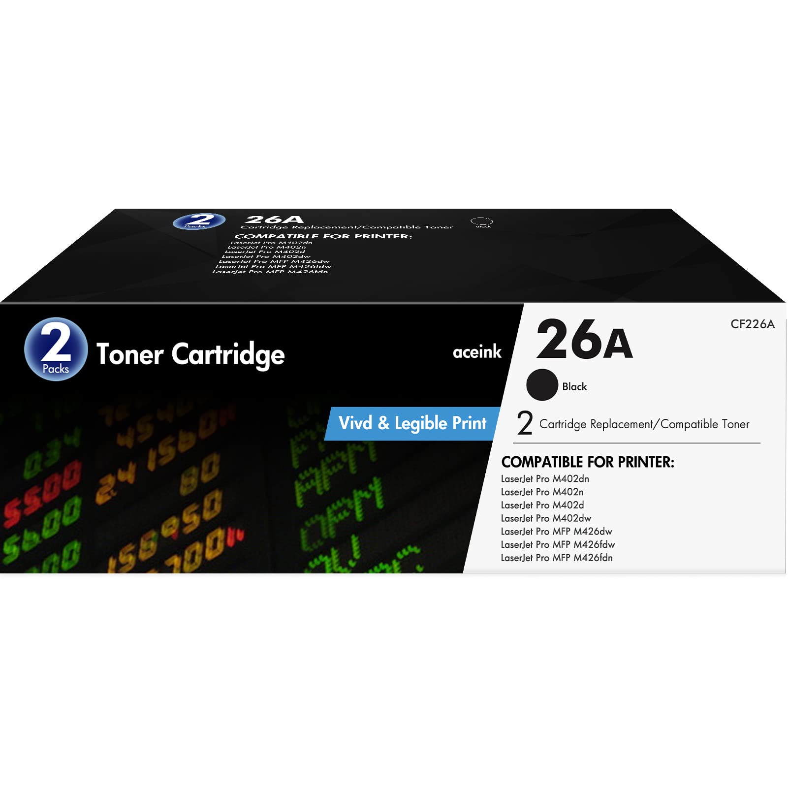 High-Quality 2-Pack 26A Black Toner Cartridge - Compatible Replacement for HP 26A/CF226A/26X - Works with HP Color Laser Pro MFP M402dw/M402n/M402dn/M402d & M426 Series Printers - Perfect for Home Office & Small Business Printing Needs