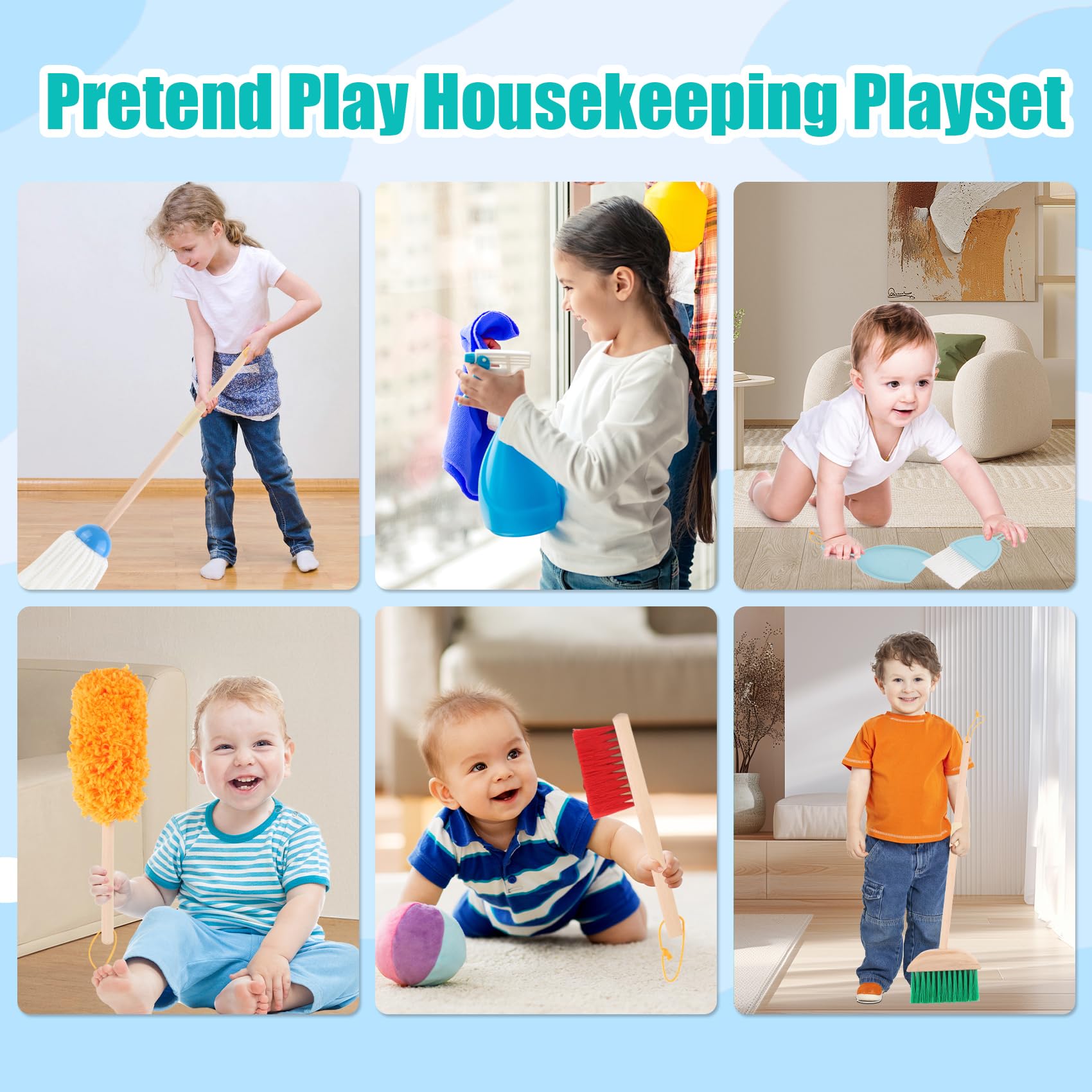 Wooden Kids Cleaning Toy Set - Pretend Play Broom, Dustpan & Mop for Toddlers 3+ Years Old - 9-Piece Learning Housekeeping Kit for Boys & Girls - Perfect Birthday Gift & Preschool Educational Activity - Ideal for Role Play, Montessori Learning & Early Childhood Development