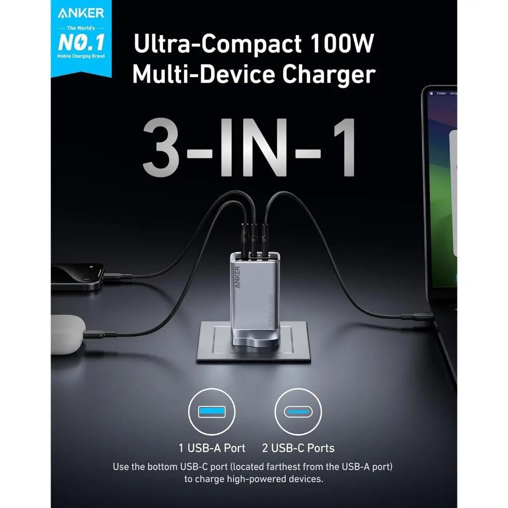 Anker Prime 100W USB C GaN Charger with 3 Ports, Foldable Power Adapter for MacBook Pro/Air, iPhone 15/14, iPad, Samsung Galaxy - Fast Charging for Travel, Home & Office