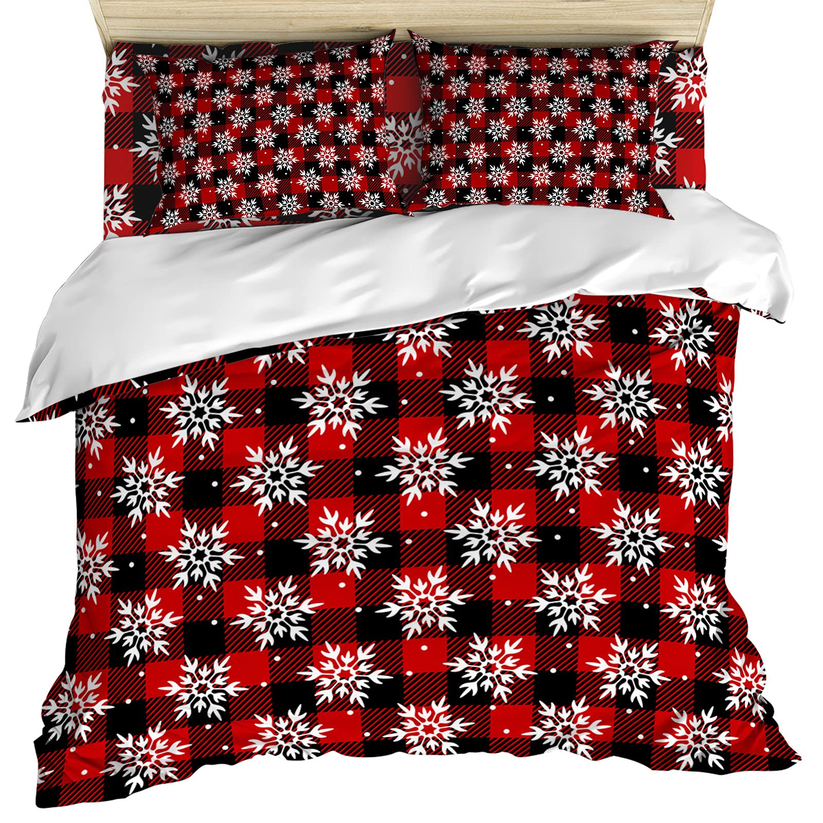 4 Piece California King Bedding Set - Christmas Snowflake Winter Checkered Quilt Set with Pillow Sham & Sheet, Red Black Buffalo Plaid Breathable Microfiber Coverlet - All Season Comfort for Master Bedroom, Guest Room & Holiday Decor