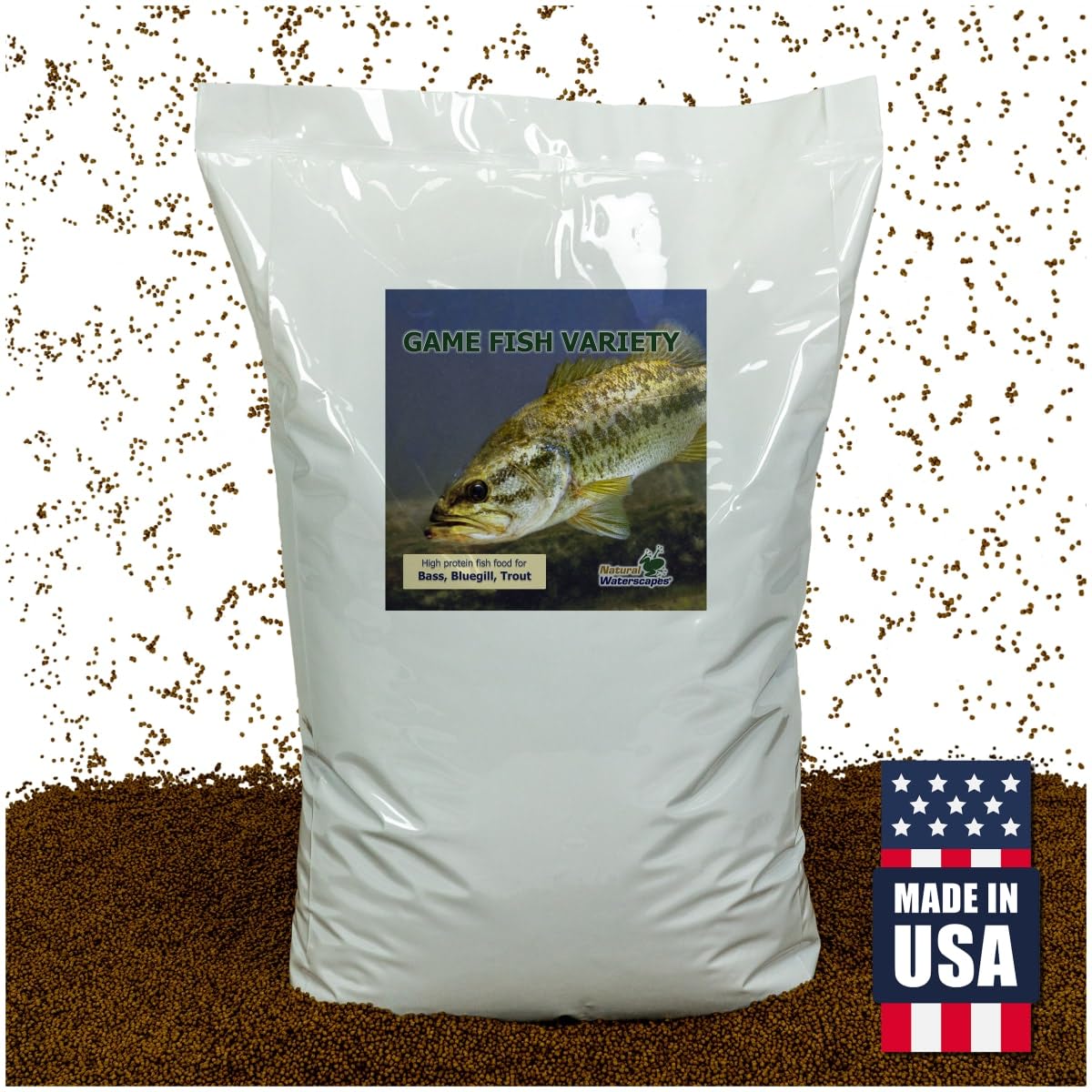 Premium Natural Waterscapes Game Fish Food Pellets - 22lb Bag for Bass, Bluegill, Trout, Catfish & Tilapia | High Protein Floating Fish Feed for Ponds & Lakes | Perfect for Recreational Fishing & Aquaculture
