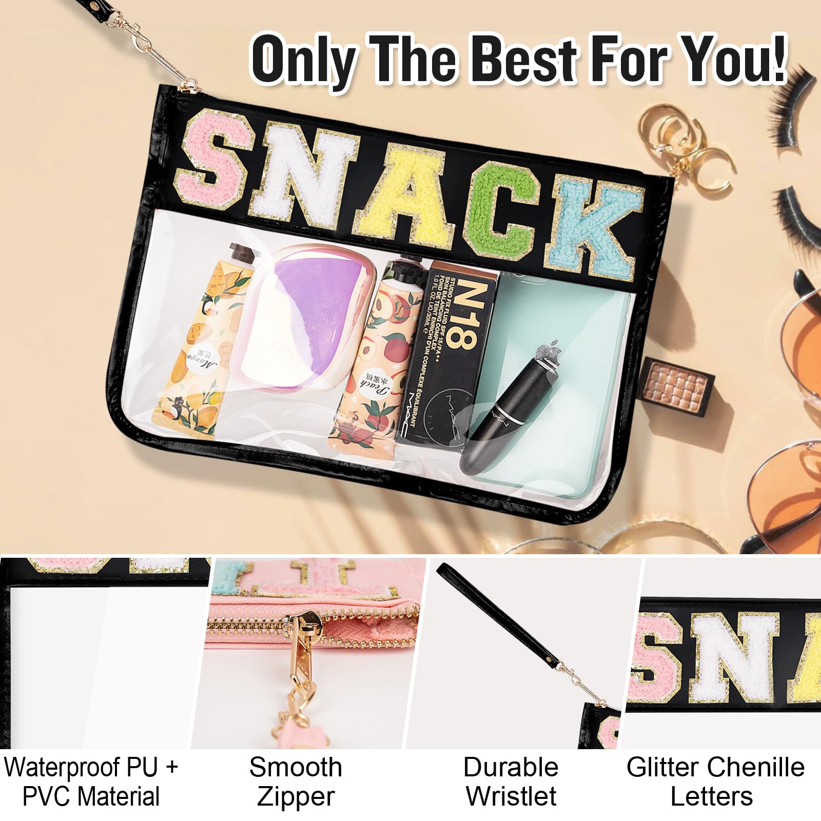Monogrammed Chenille Letter Clear PVC & PU Zipper Pouch with Wristlet - Waterproof Glitter Snack Bag, Makeup Pouch & Toiletry Organizer for Women & Girls (Black) - Perfect for School Lunches, Beach Trips & Travel Accessories