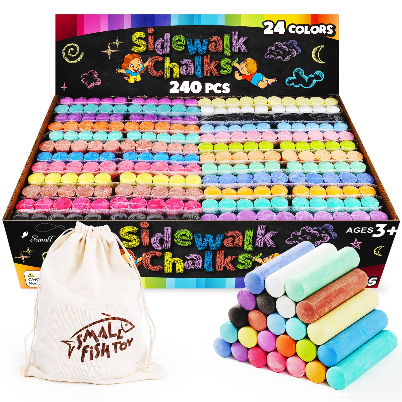 240PCS Washable Non-Toxic Sidewalk Chalk for Kids - 24 Vibrant Colors, Jumbo Dustless Outdoor Chalk Set for Toddlers - Perfect for Playground, Sidewalk Art, Birthday Party Favors & Outdoor Activities