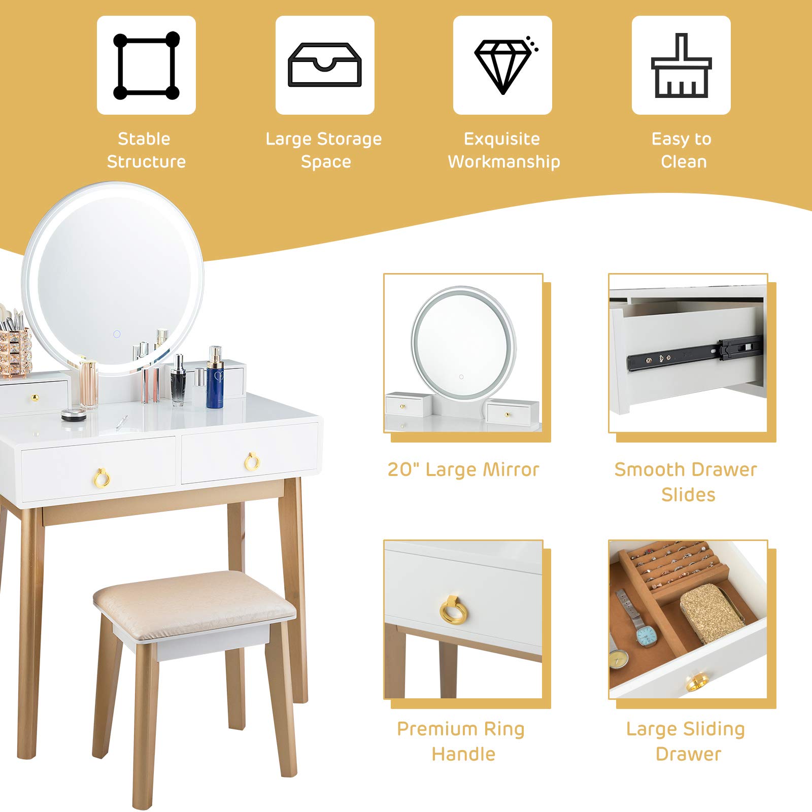 Nightcore Vanity Set with Round LED Lighted Mirror, Modern Makeup Vanity Desk with Cushioned Stool & 4 Drawers - White Dressing Table for Women & Girls | Perfect for Bedroom, Bathroom & Home Beauty Station