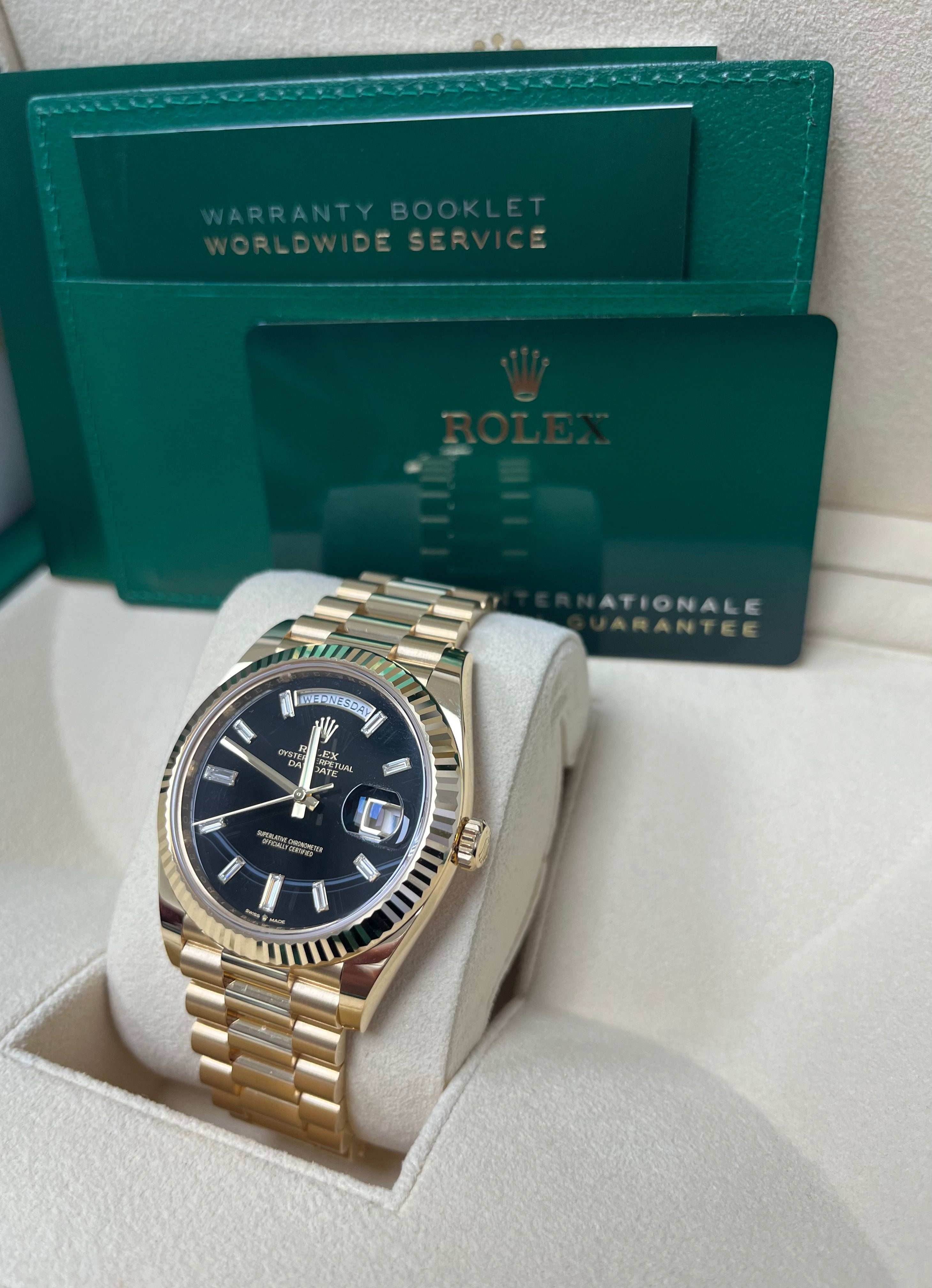 Rolex Day Date 40 Yellow Gold Men's Watch with Fluted Bezel, Onyx Dial & President Bracelet (Model 228238) - Luxury Dress Watch for Business & Formal Occasions
