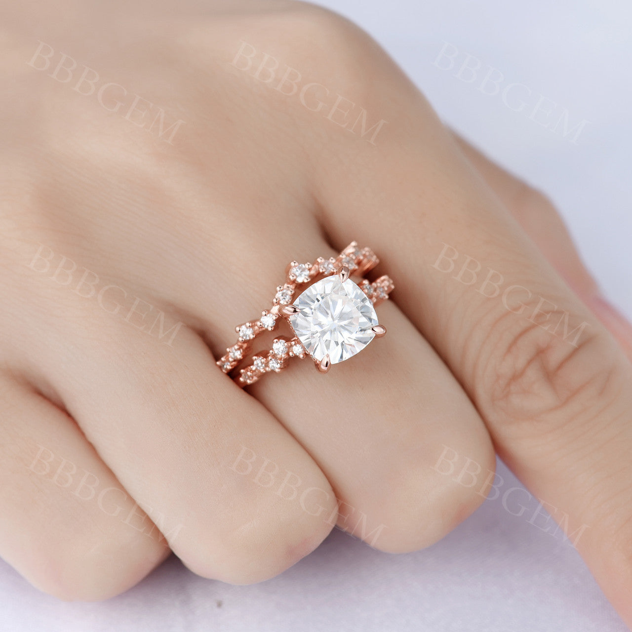 1.7 Carat Cushion Cut Moissanite Engagement Ring Set with Matching Wedding Band in Rose Gold - Vintage Inspired Bridal Jewelry for Proposals, Anniversaries & Special Occasions