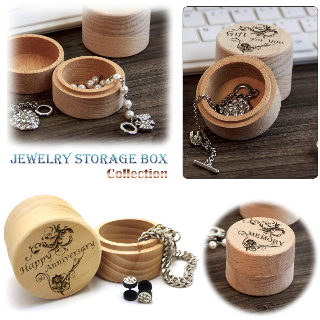 Laser Engraved Wooden Jewelry Box - Handcrafted Ring Necklace Earring Storage Case with Decorative Text Pattern - Perfect Gift for Women, Wedding, Anniversary & Memory Keepsake