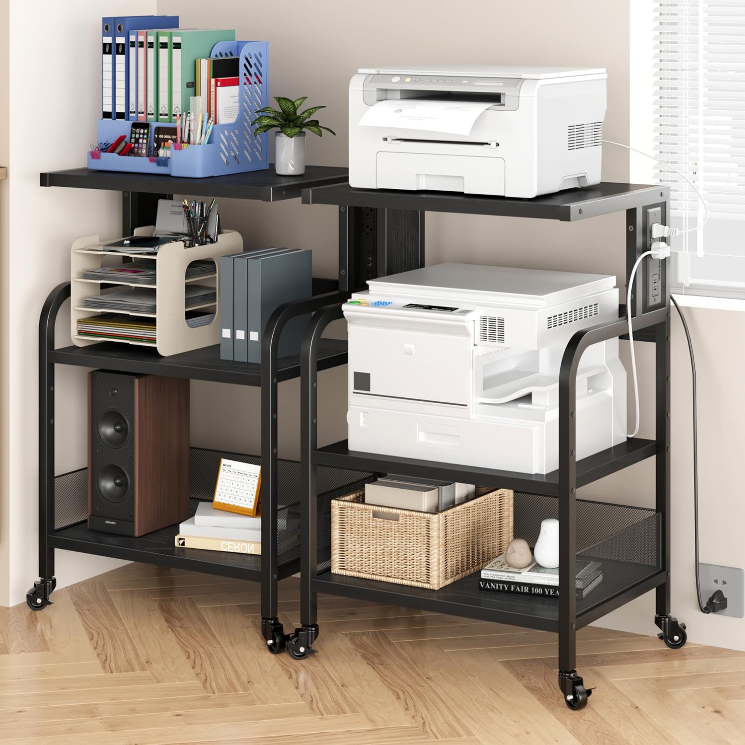GAOMON Large Printer Stand with Power Outlets & USB Ports - 3-Tier Adjustable Rolling Cart with Storage Shelf - Mobile Printer Table for Home Office & Living Room - Rustic Black - Perfect for Organizing Printers, Scanners & Office Supplies