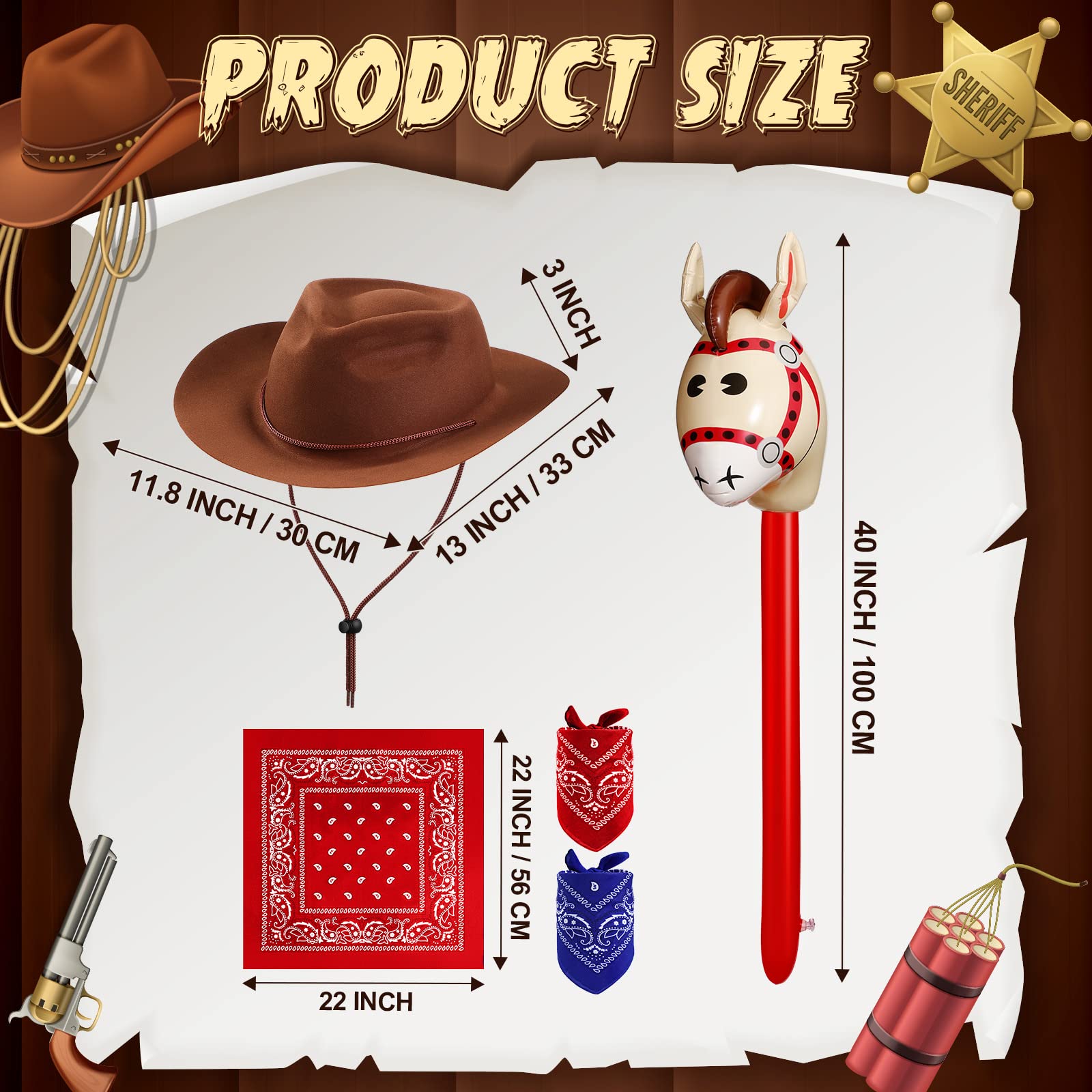 36 Pcs Cowboy Party Costume Set for Kids - Farm Cowboy Hats, Paisley Bandanas & Inflatable Stick Horses - Western Theme Birthday Party Supplies for Cowboy Costume Party, Wild West Rodeo, Halloween Dress Up